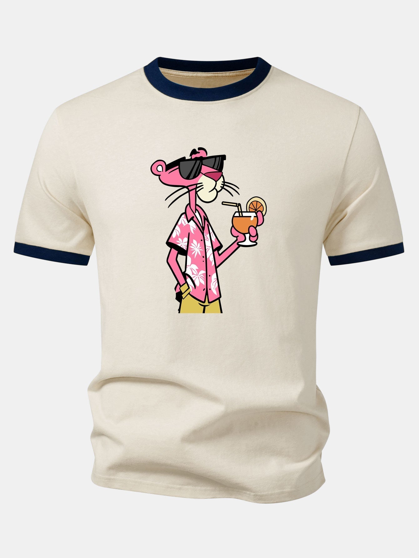Vacation Pink Panther Print Contrast Ringer T-Shirt & 5" Drawstring Corduroy Shorts