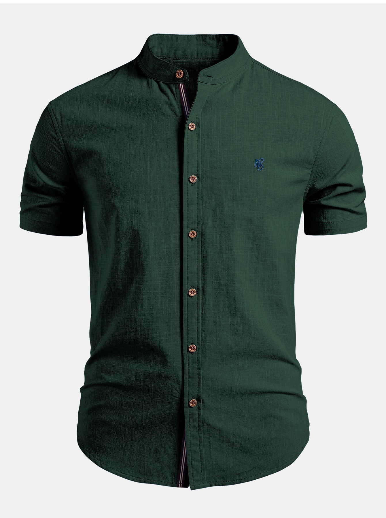 Short Sleeve Linen Look Stand Collar Shirt & Slim Fit Tapered Trousers
