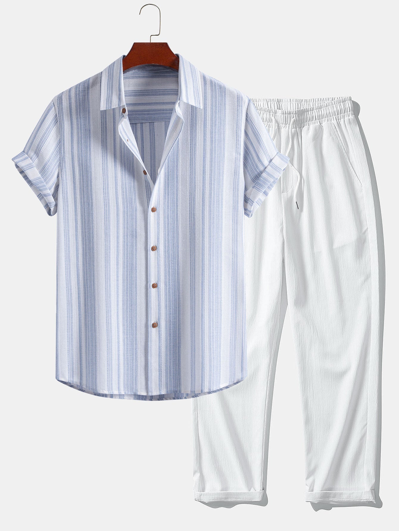 Stripe Linen Look Button Up Shirt & Crinkle Textured Straight Leg Pants