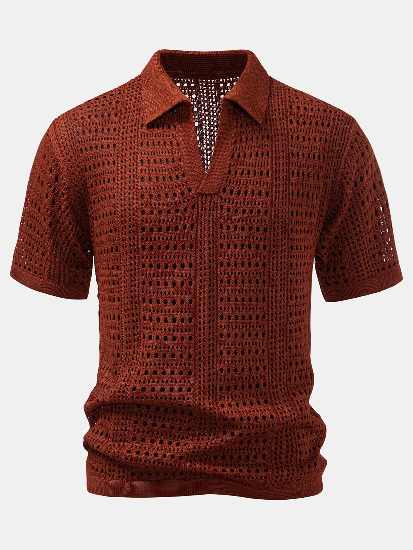 Crochet V Neck Polo Shirt & Crinkle Textured Straight Leg Pants