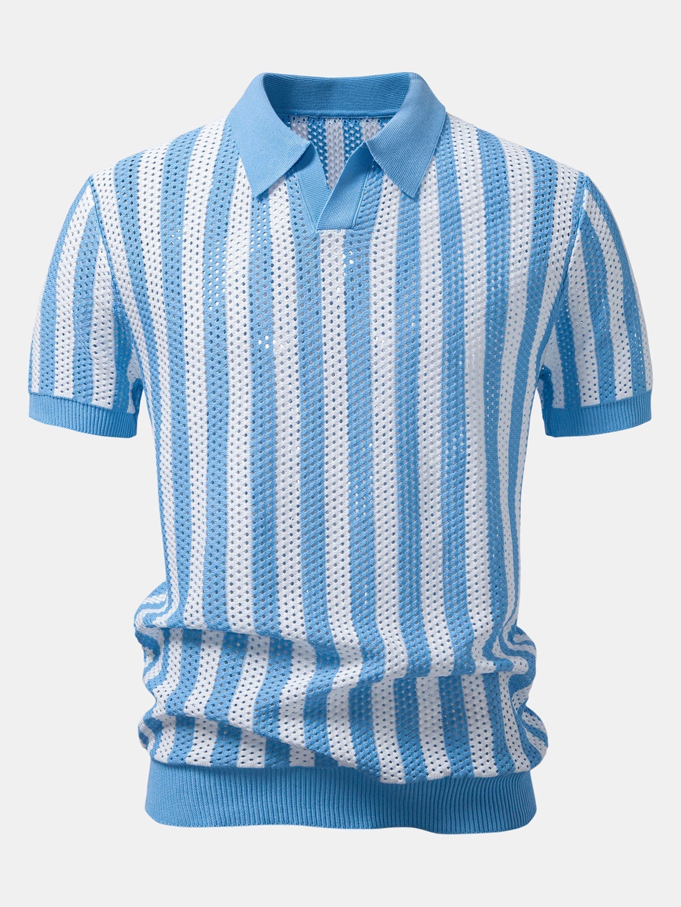 Stripe Johnny Collar Open Knit Polo & Straight Leg Linen Pants