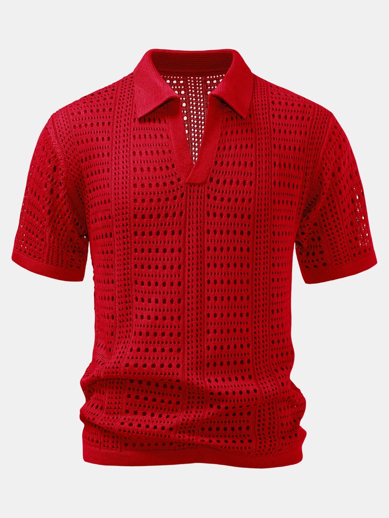 Crochet V Neck Polo Shirt & Crinkle Textured Straight Leg Pants