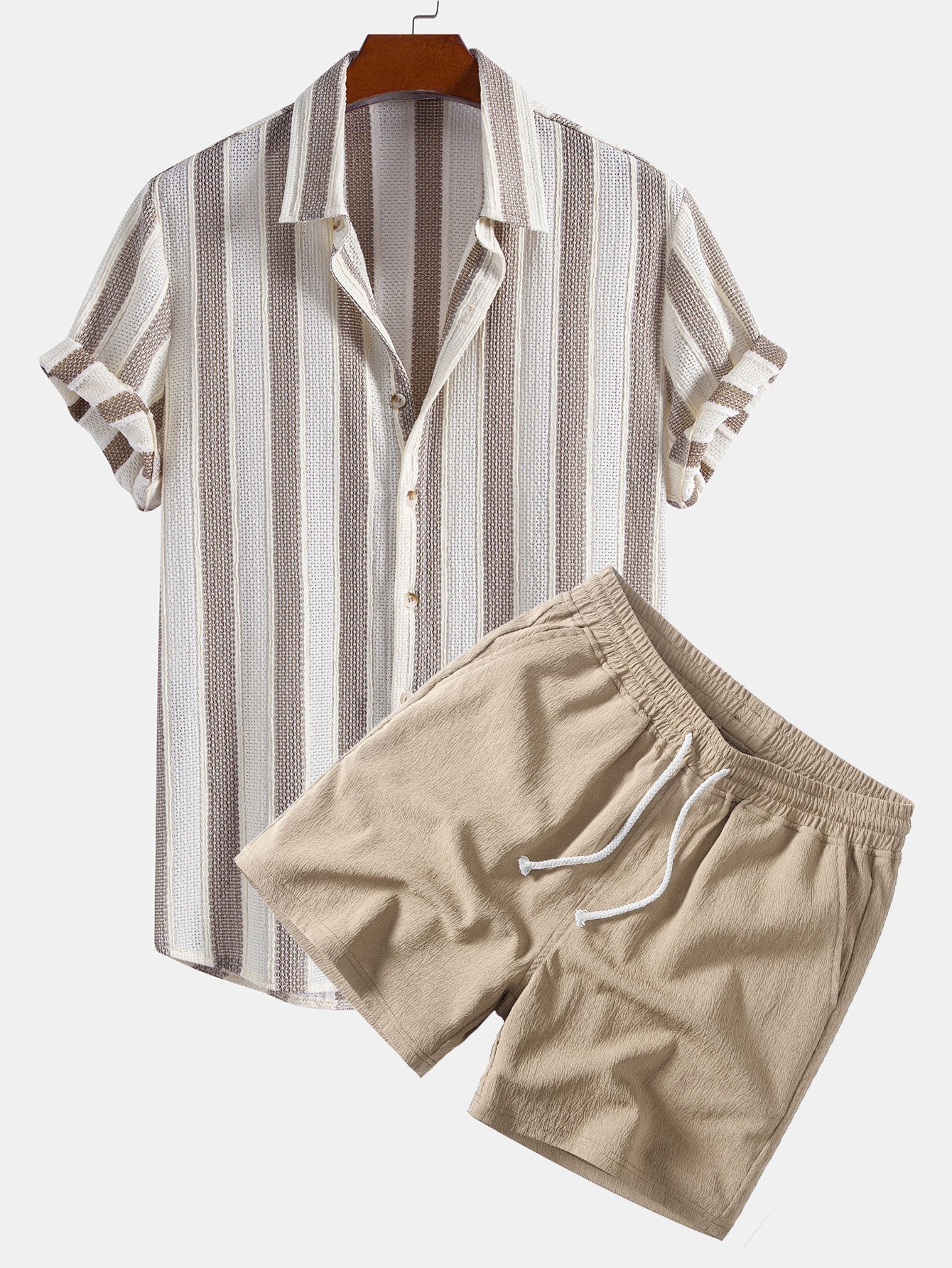 Textured Striped Button Up Shirt & Crinkle Textured Drawstring 5" Shorts
