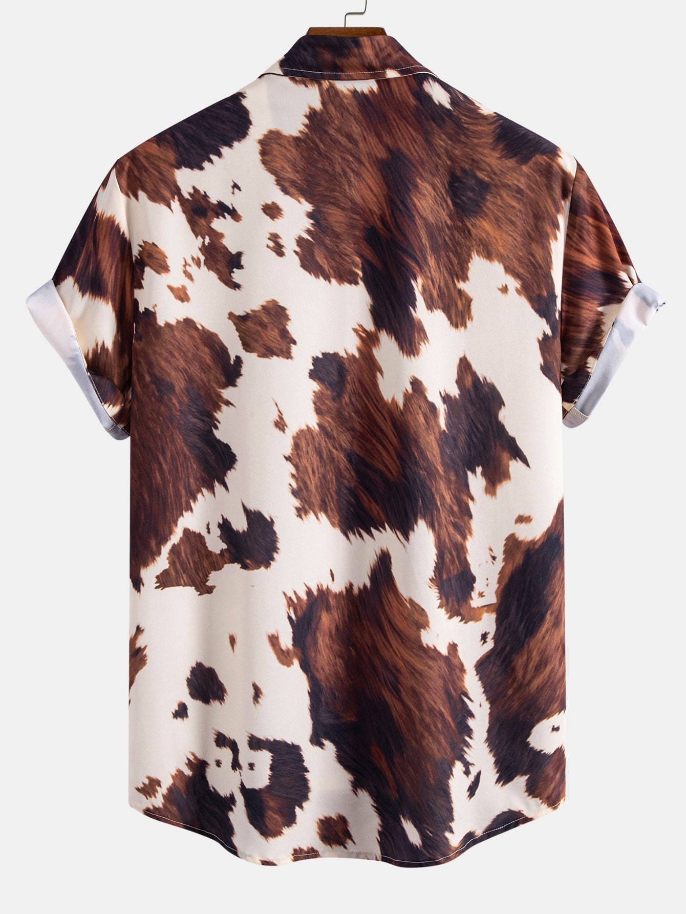 Cow Print Button Up Shirt & Crinkle Textured Drawstring 5" Shorts