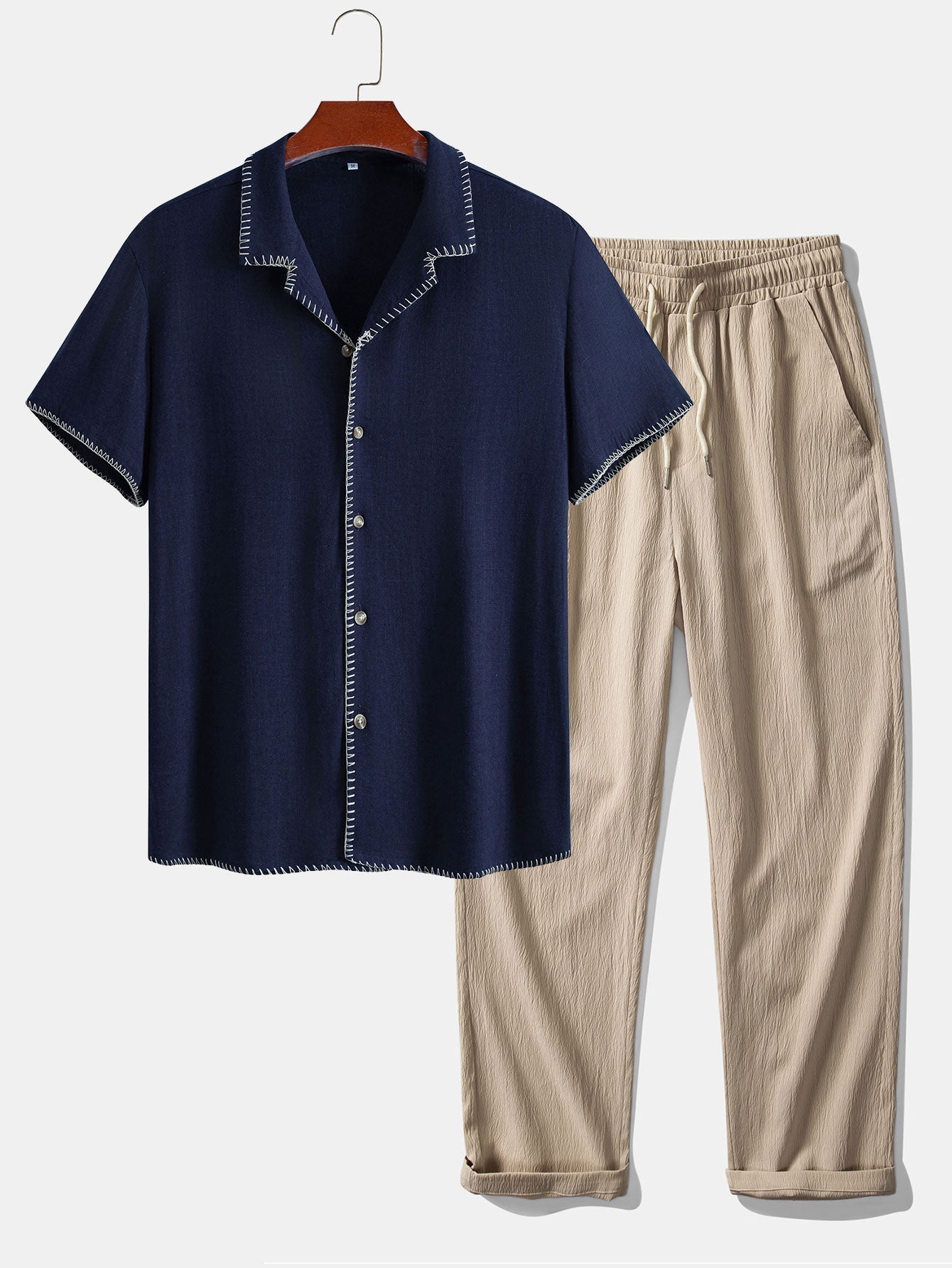 Contrast Stitching Linen Rayon Blend Cuban Shirt & Crinkle Textured Straight Leg Pants
