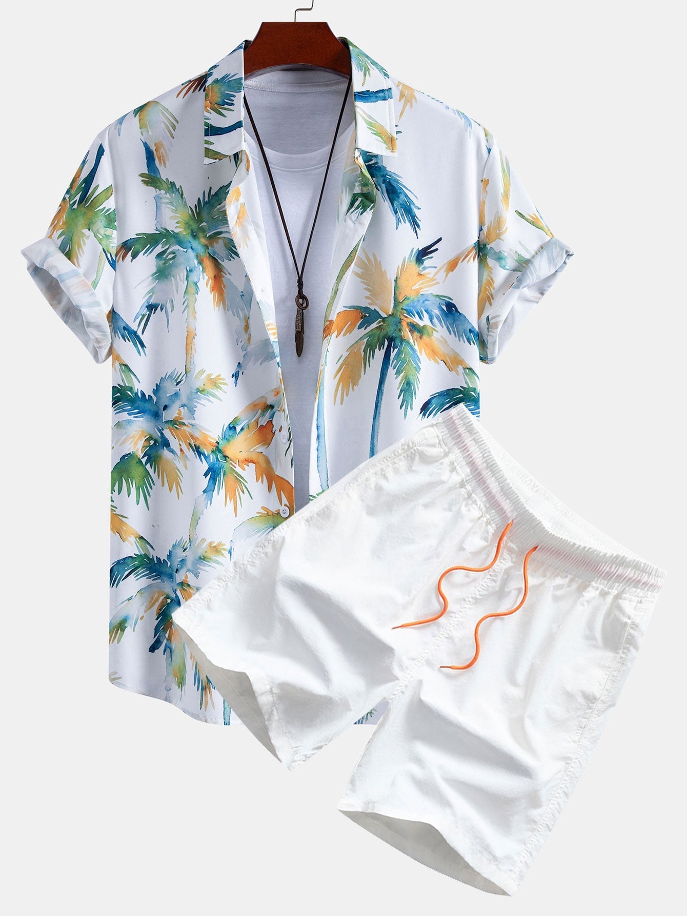 Watercolor Palm Tree Print Shirt & Swim Shorts