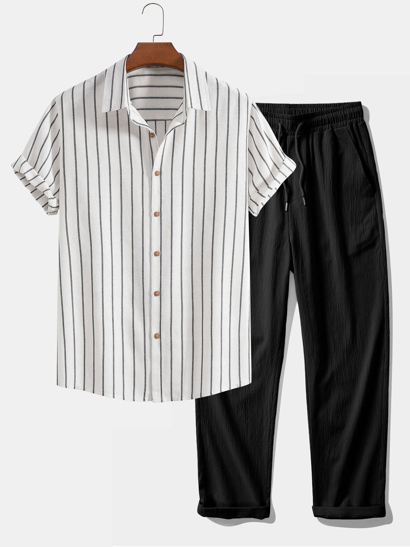 Cotton Blend Striped Button Up Shirt & Crinkle Textured Straight Leg Pants