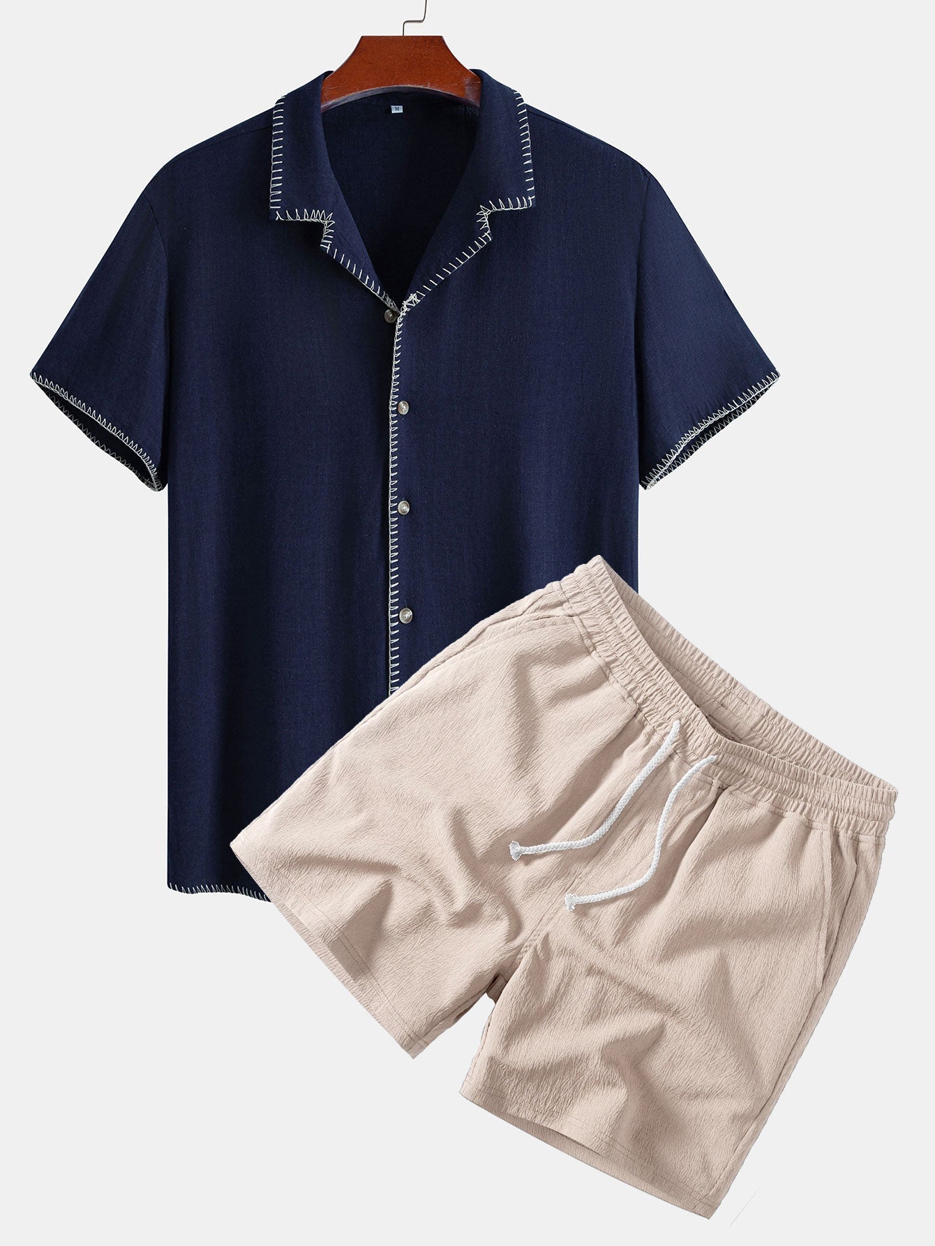 Contrast Stitching Linen Rayon Blend Cuban Shirt & Crinkle Textured Drawstring 5" Shorts