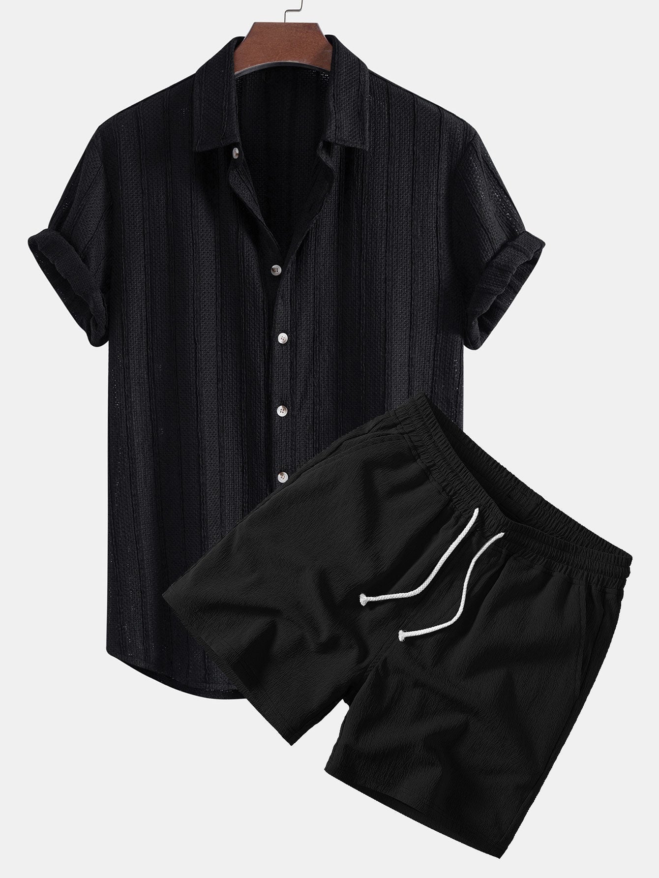 Textured Striped Button Up Shirt & Crinkle Textured Drawstring 5" Shorts