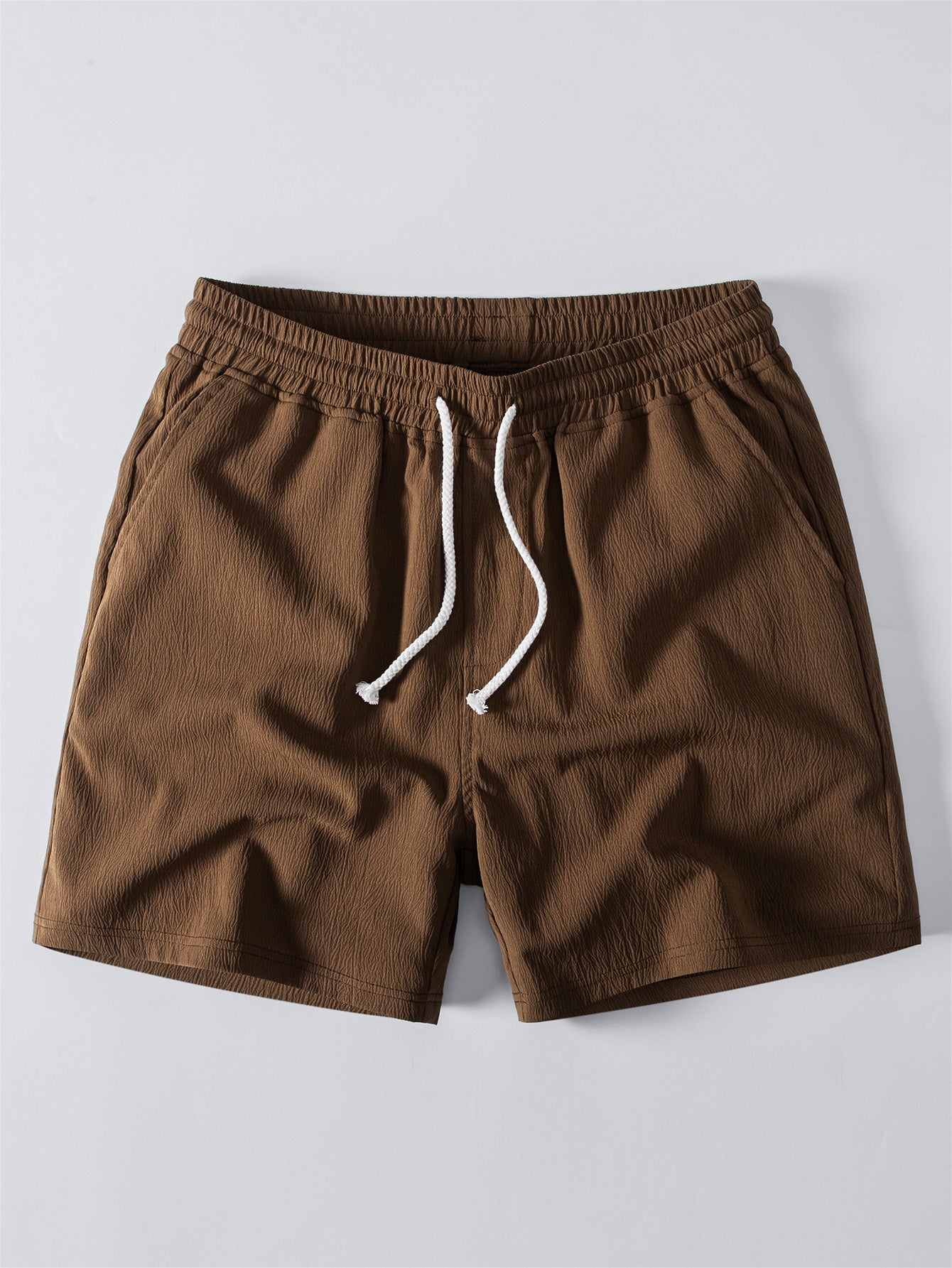 Linen Rayon Blend Button Up Shirt & Crinkle Textured Drawstring 5" Shorts