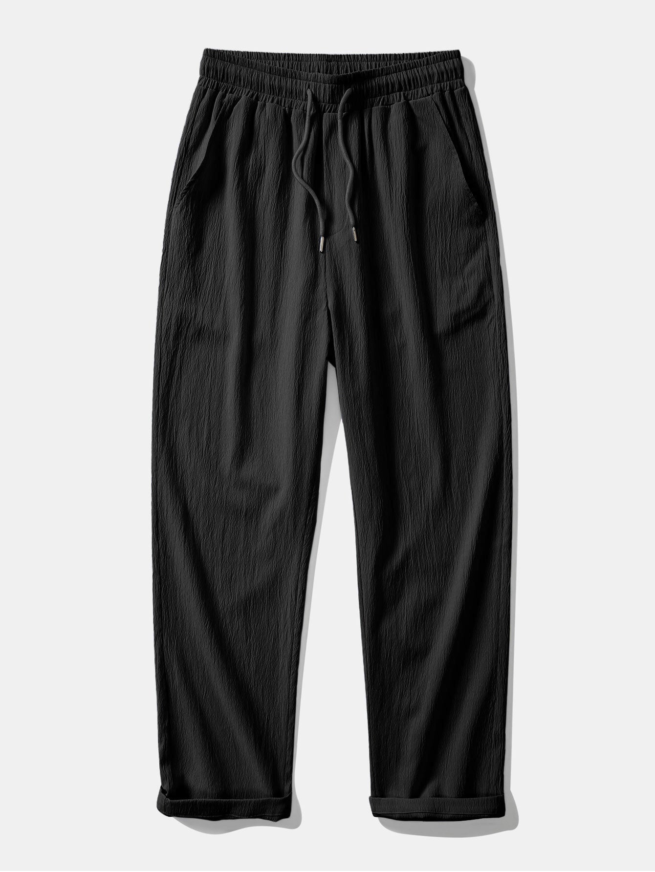 Short Sleeve Linen Look Button Up Shirt & Crinkle Textured Straight Leg Pants