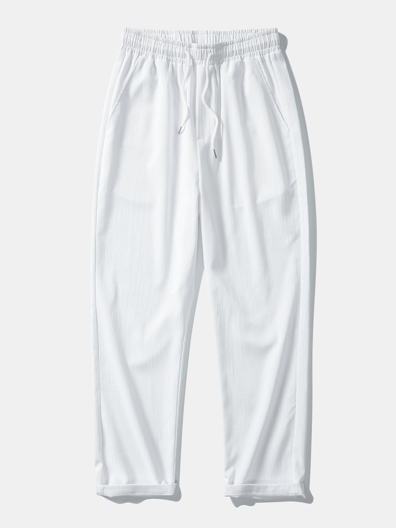 Textured Johnny Collar Crocheted Knit Polo & Crinkle Textured Straight Leg Pants
