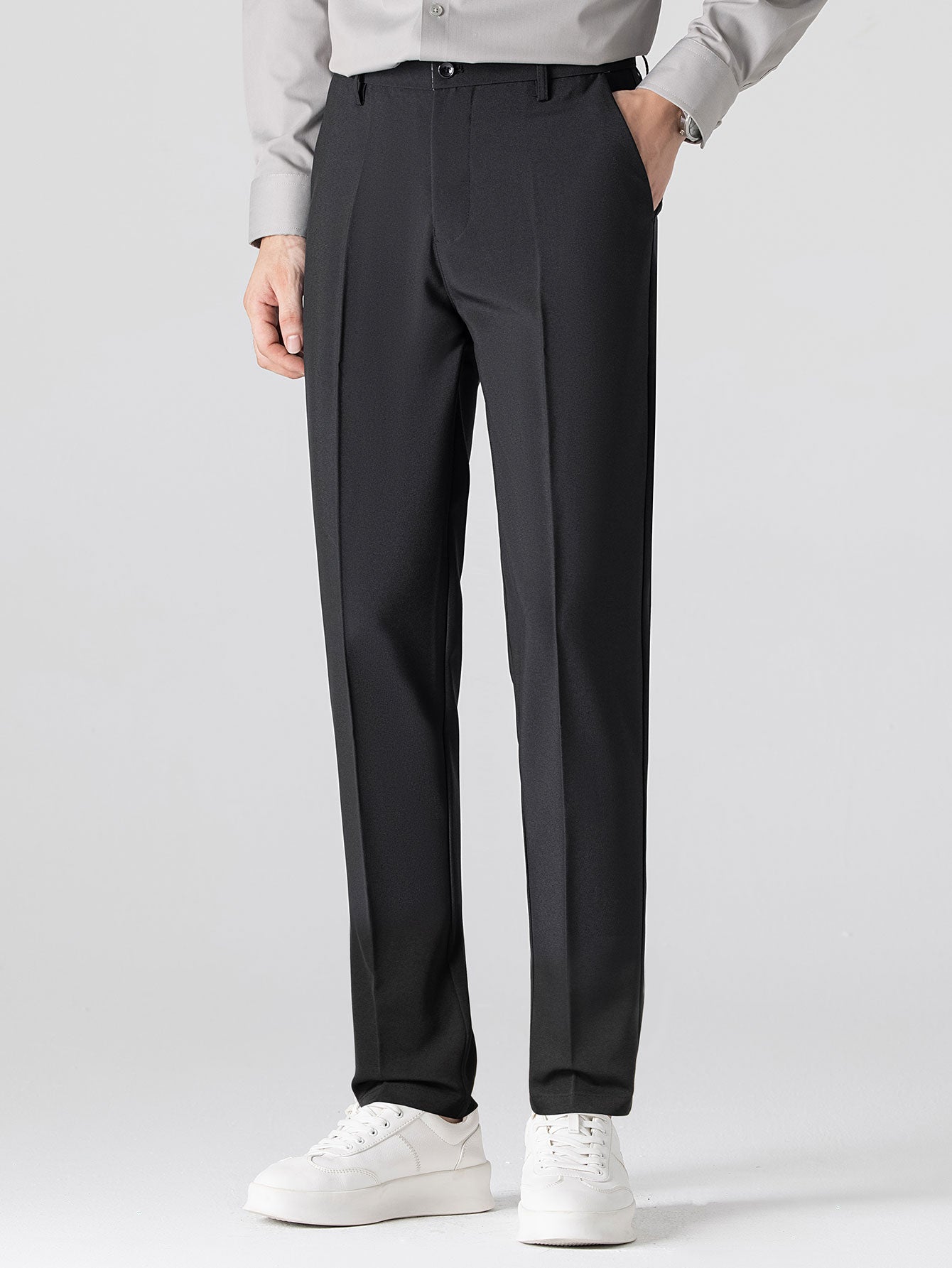 Stripe Johnny Collar Knit Polo & Slim Fit Tapered Trousers