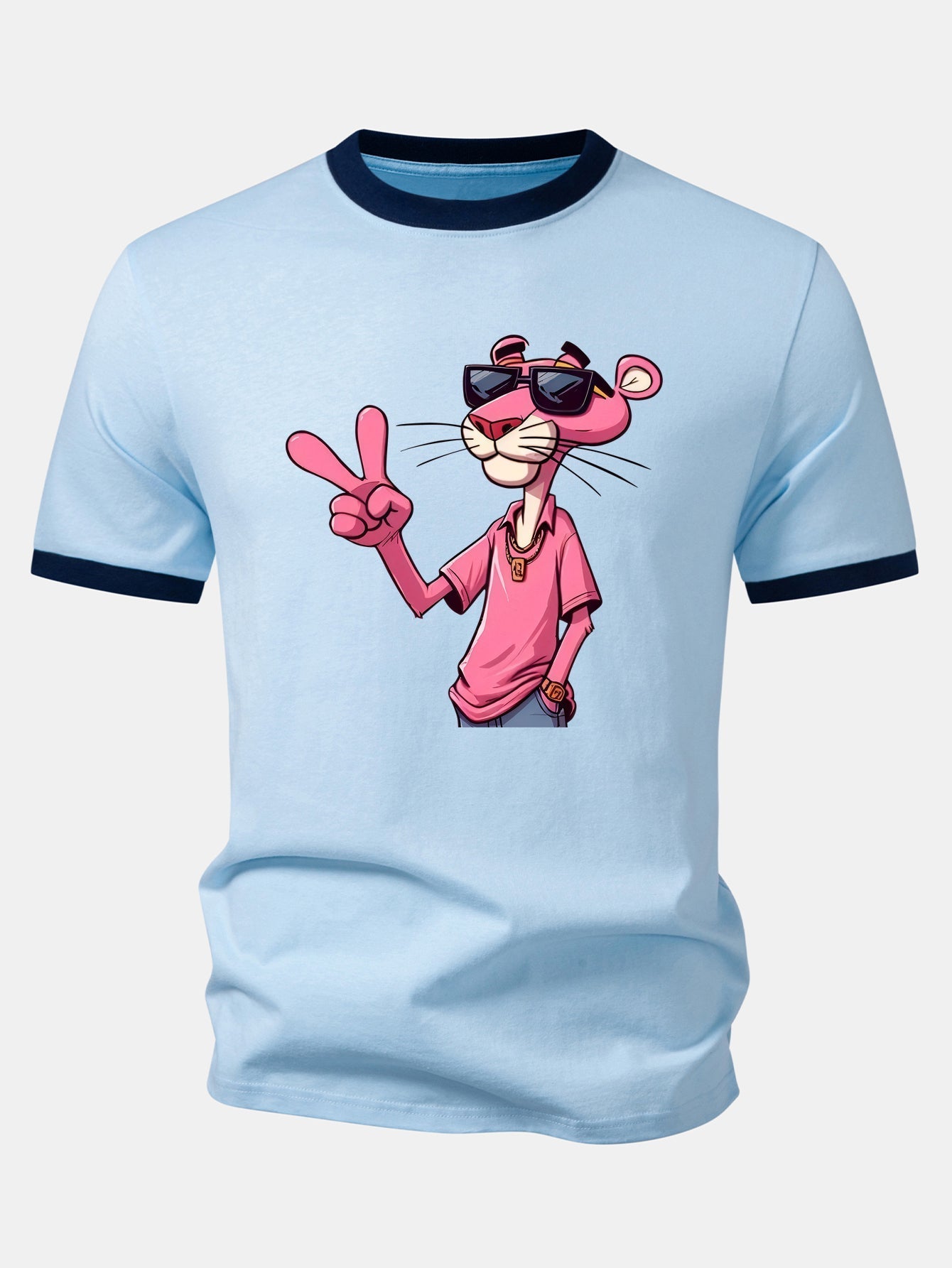 Pink Panther With V Sign Print Contrast Ringer T-Shirt & 5" Drawstring Corduroy Shorts