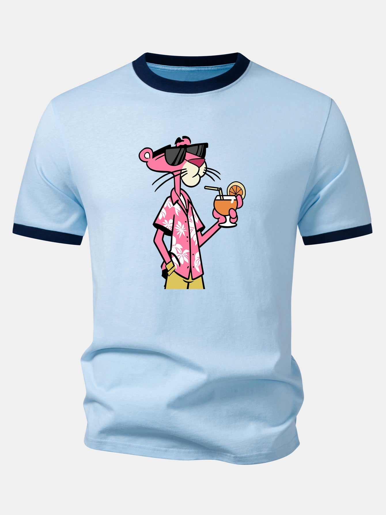 Vacation Pink Panther Print Contrast Ringer T-Shirt & 5" Drawstring Corduroy Shorts