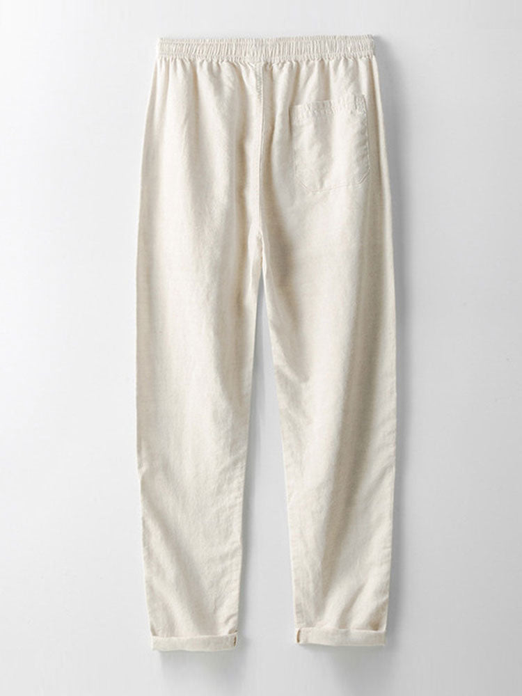 Striped Knit Johnny Collar Polo & Straight Leg Linen Pants