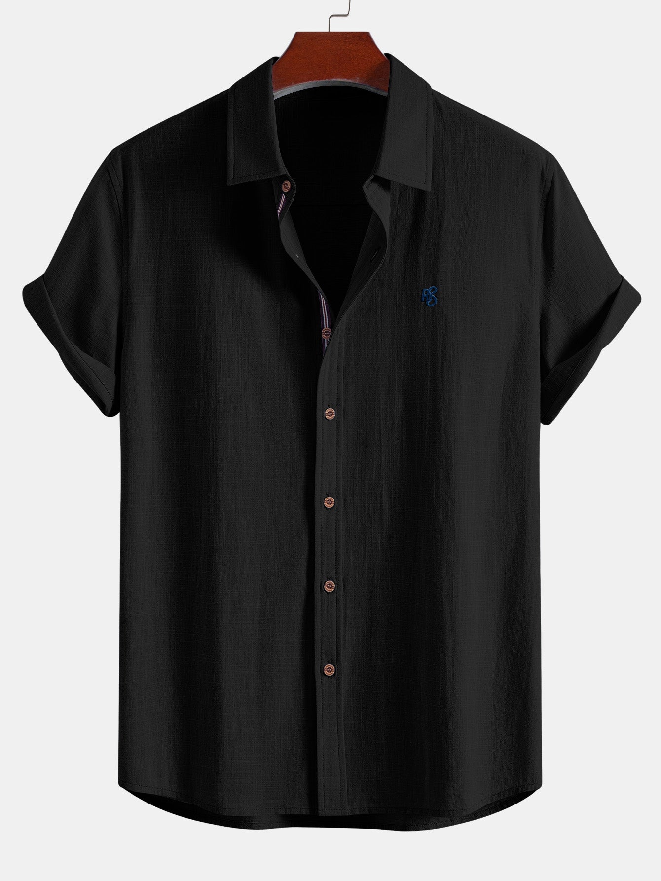 Short Sleeve Linen Look Button Up Shirt & Crinkle Textured Straight Leg Pants