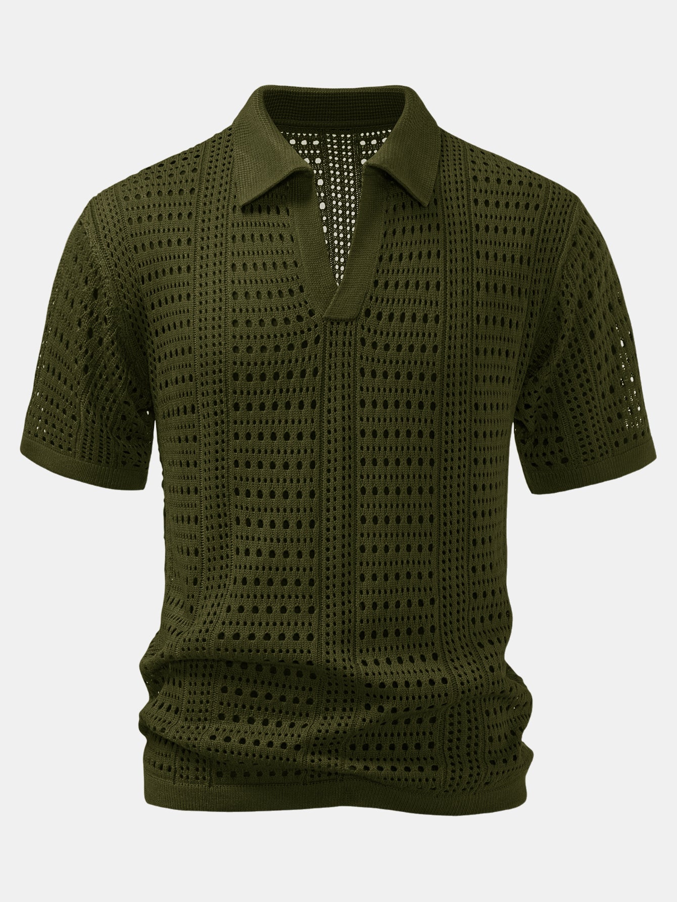 Crochet V Neck Polo Shirt & Crinkle Textured Straight Leg Pants