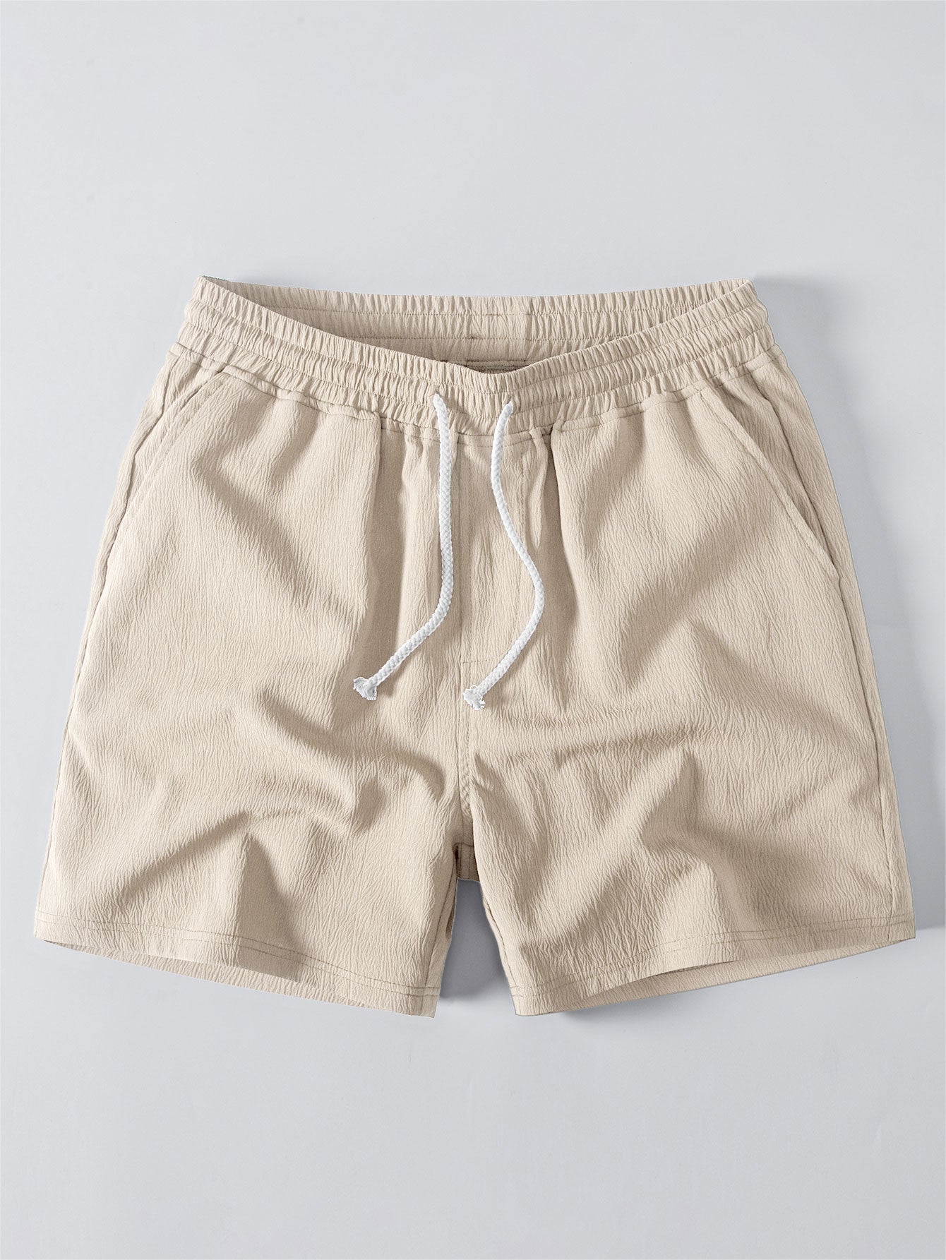 Linen Rayon Blend Button Up Shirt & Crinkle Textured Drawstring 5" Shorts