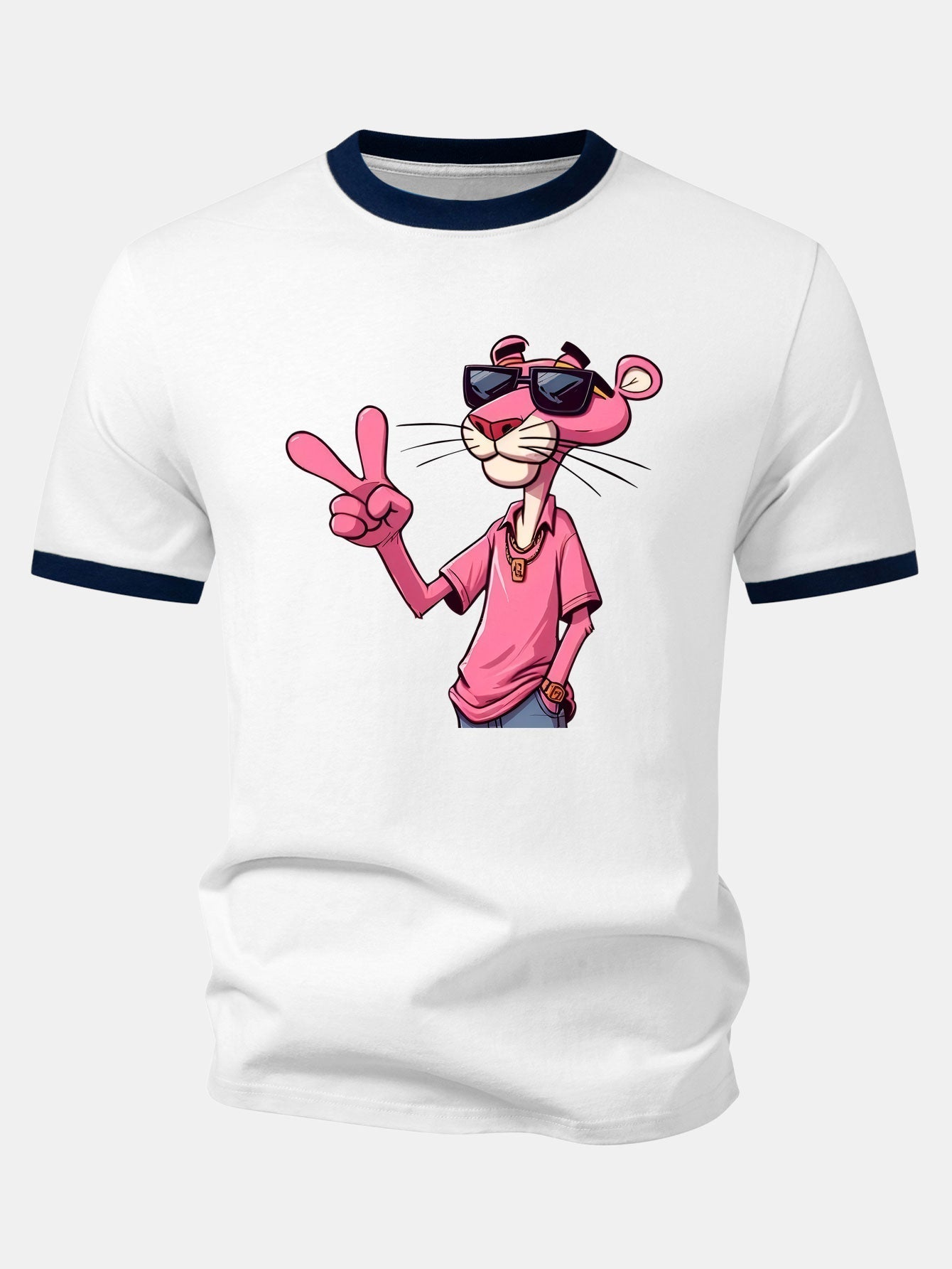 Pink Panther With V Sign Print Contrast Ringer T-Shirt & 5" Drawstring Corduroy Shorts