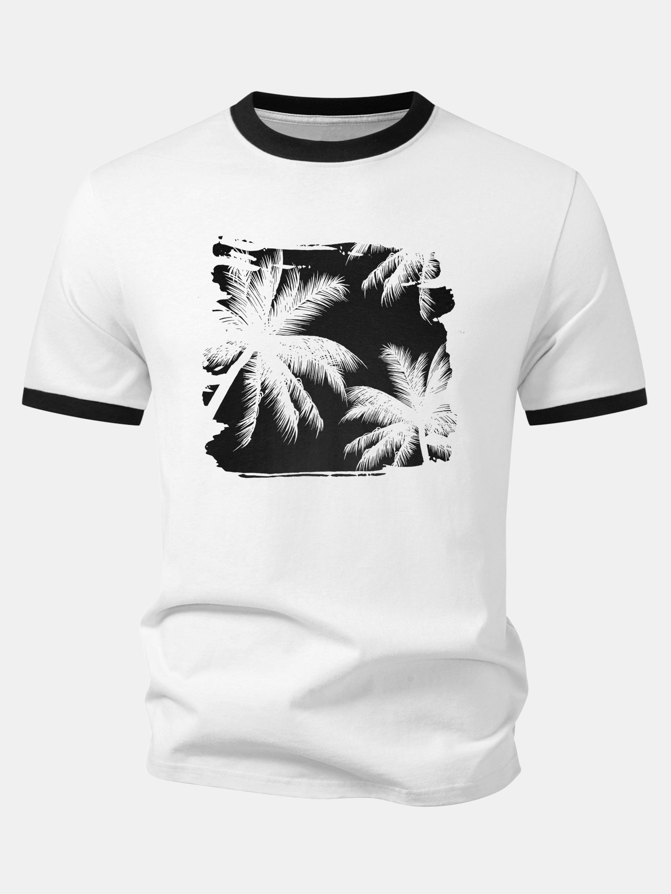 Palm Tree Print Contrast Ringer T-Shirt & Swim Shorts