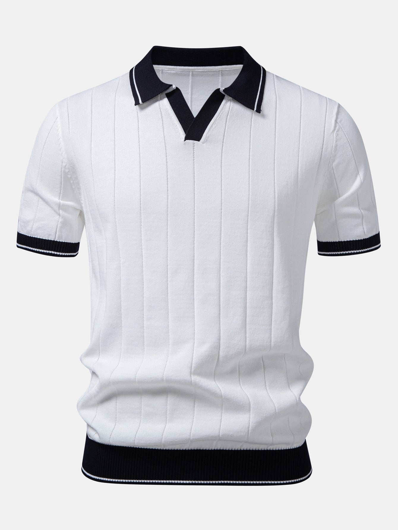 Contrast Trim Ribbed Johnny Collar Knit Polo & Straight Leg Ribbed Pants