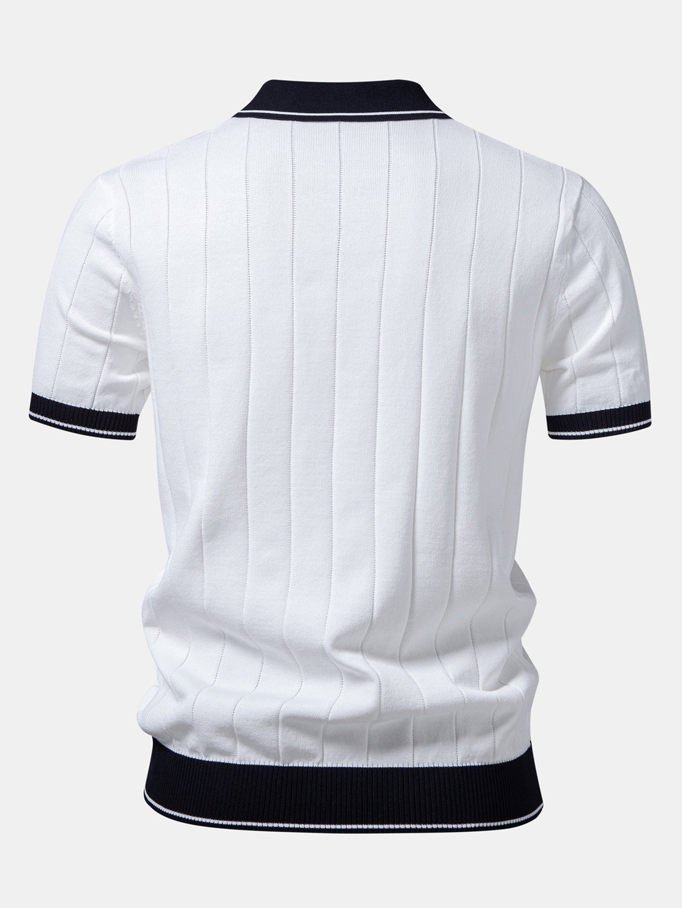 Contrast Trim Ribbed Johnny Collar Knit Polo & Straight Leg Ribbed Pants