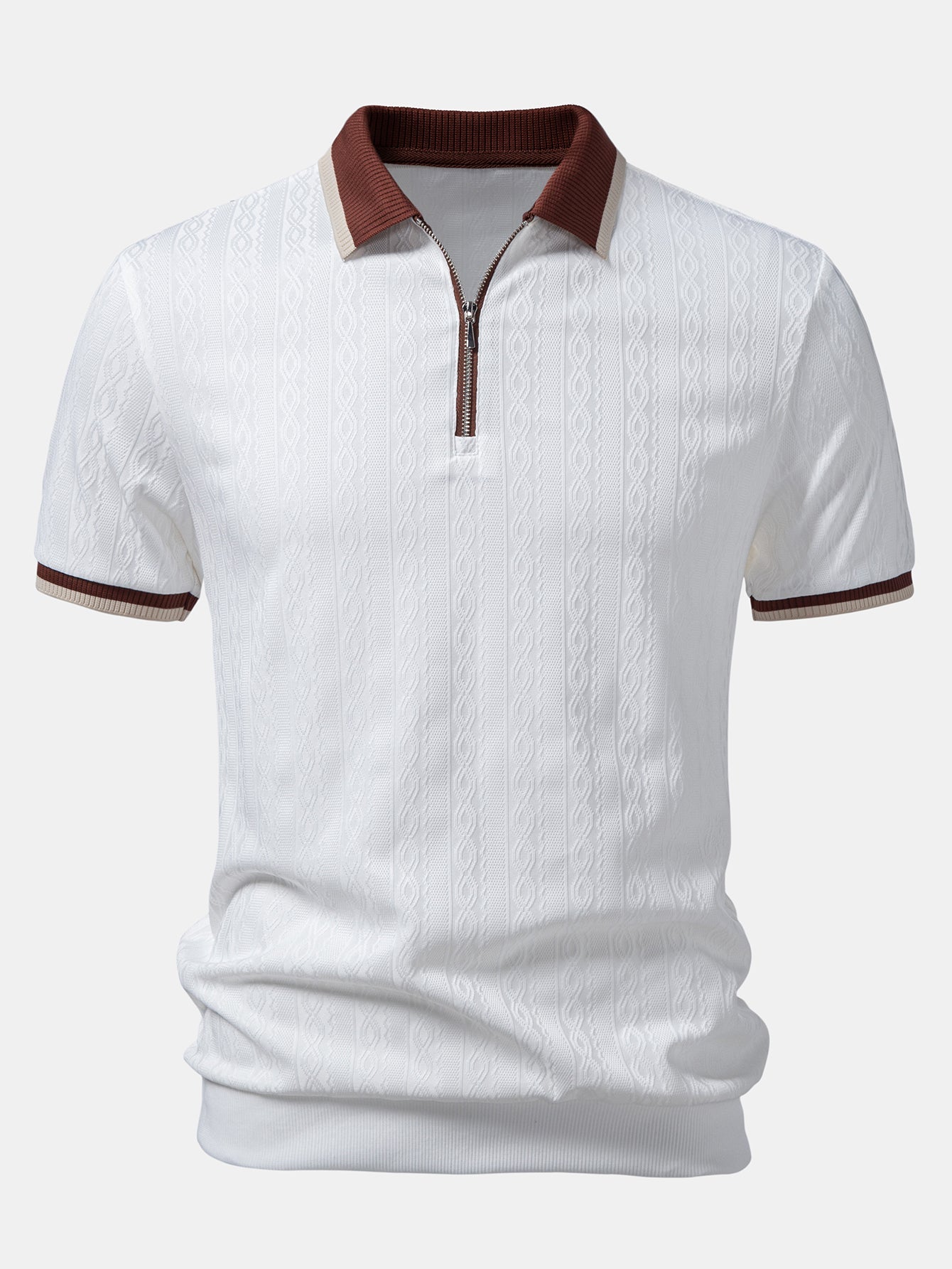 Contrast Trim Textured Zipper Knit Polo & Elastic Waist Chino Shorts
