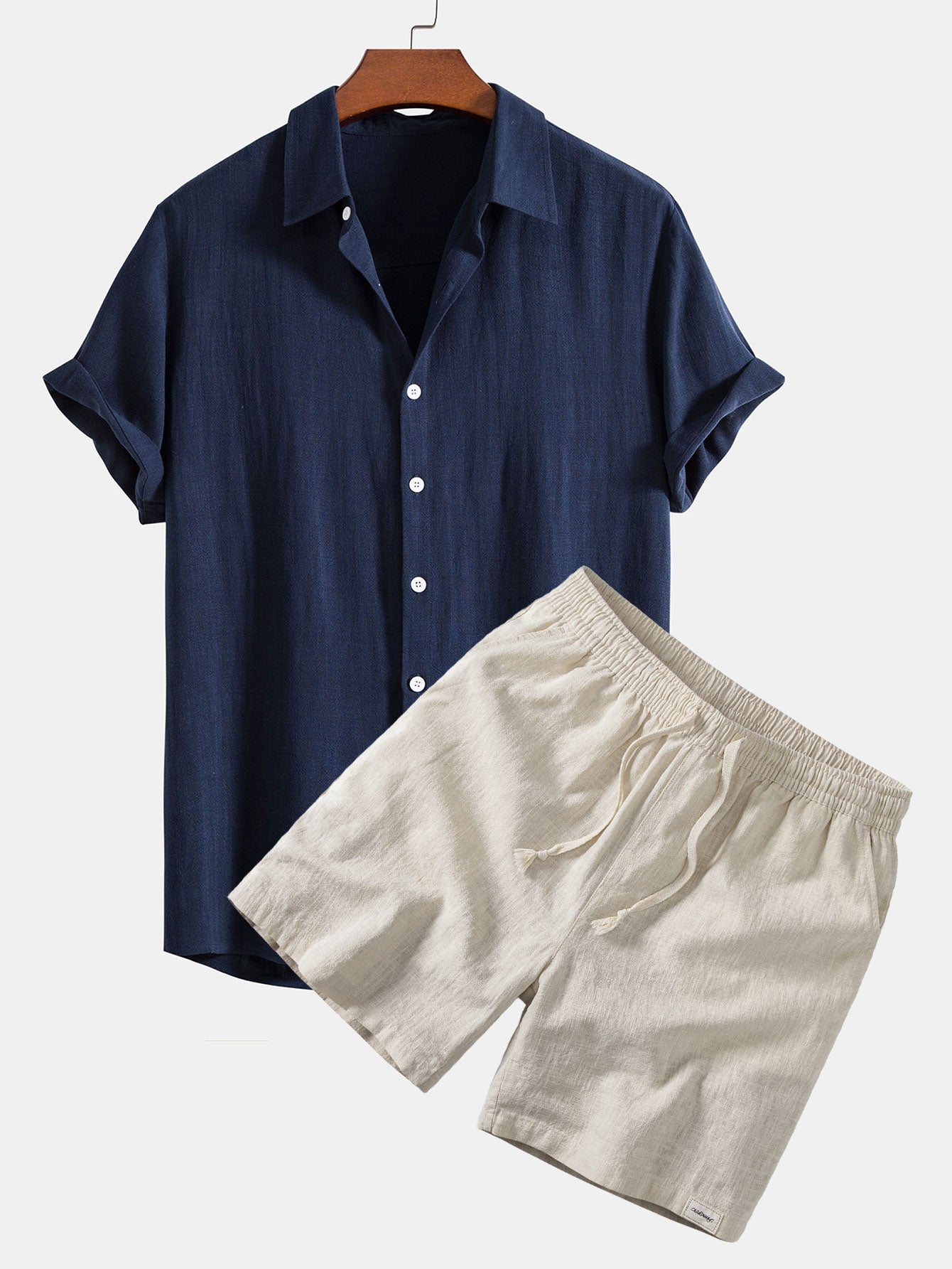 Linen Rayon Blend Button Up Shirt & Linen Blend Drawstring 7" Shorts