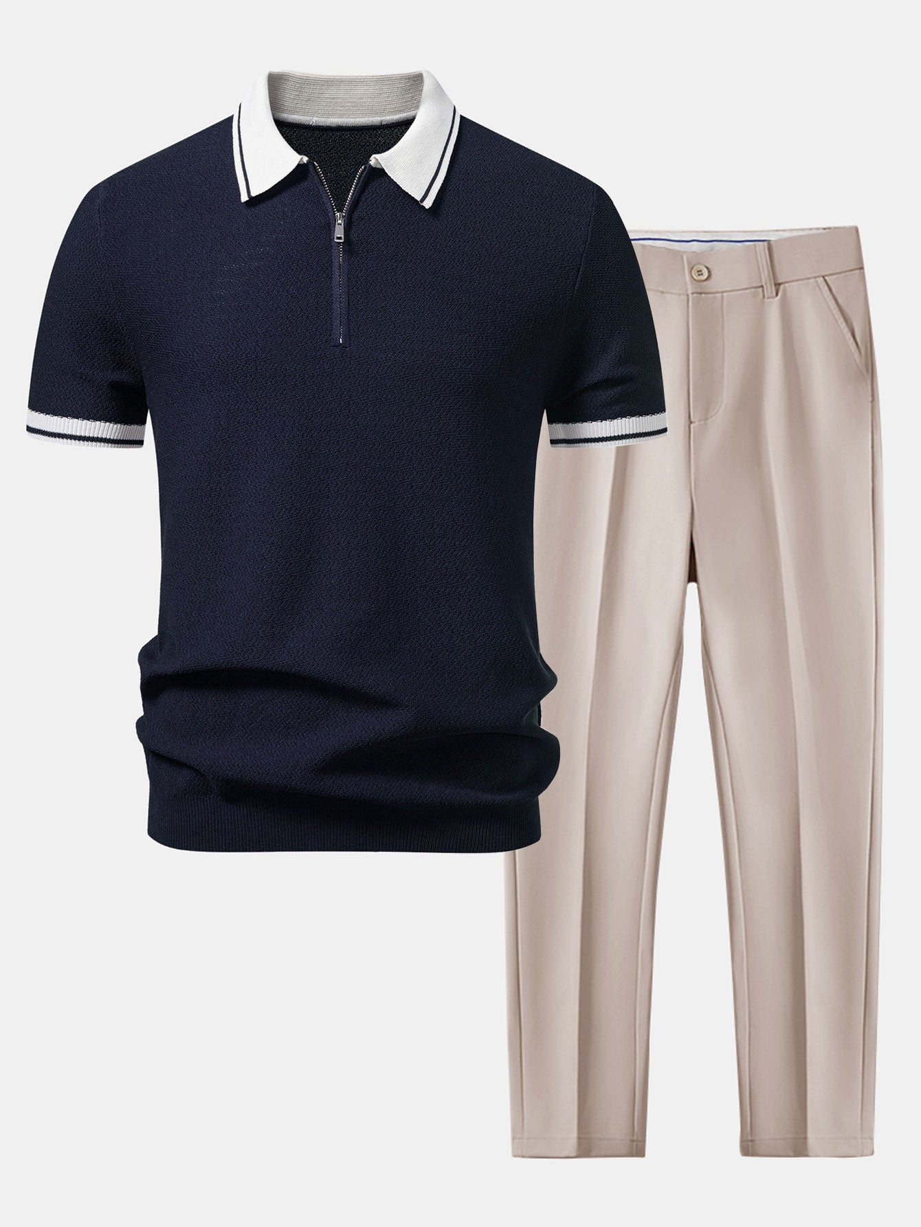 Contrast Zipper Knit Polo & Slim Fit Tapered Trousers
