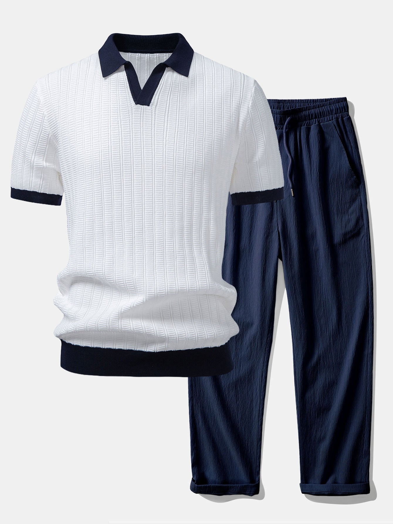 Contrast Textured Johnny Collar Knit Polo & Crinkle Textured Straight Leg Pants