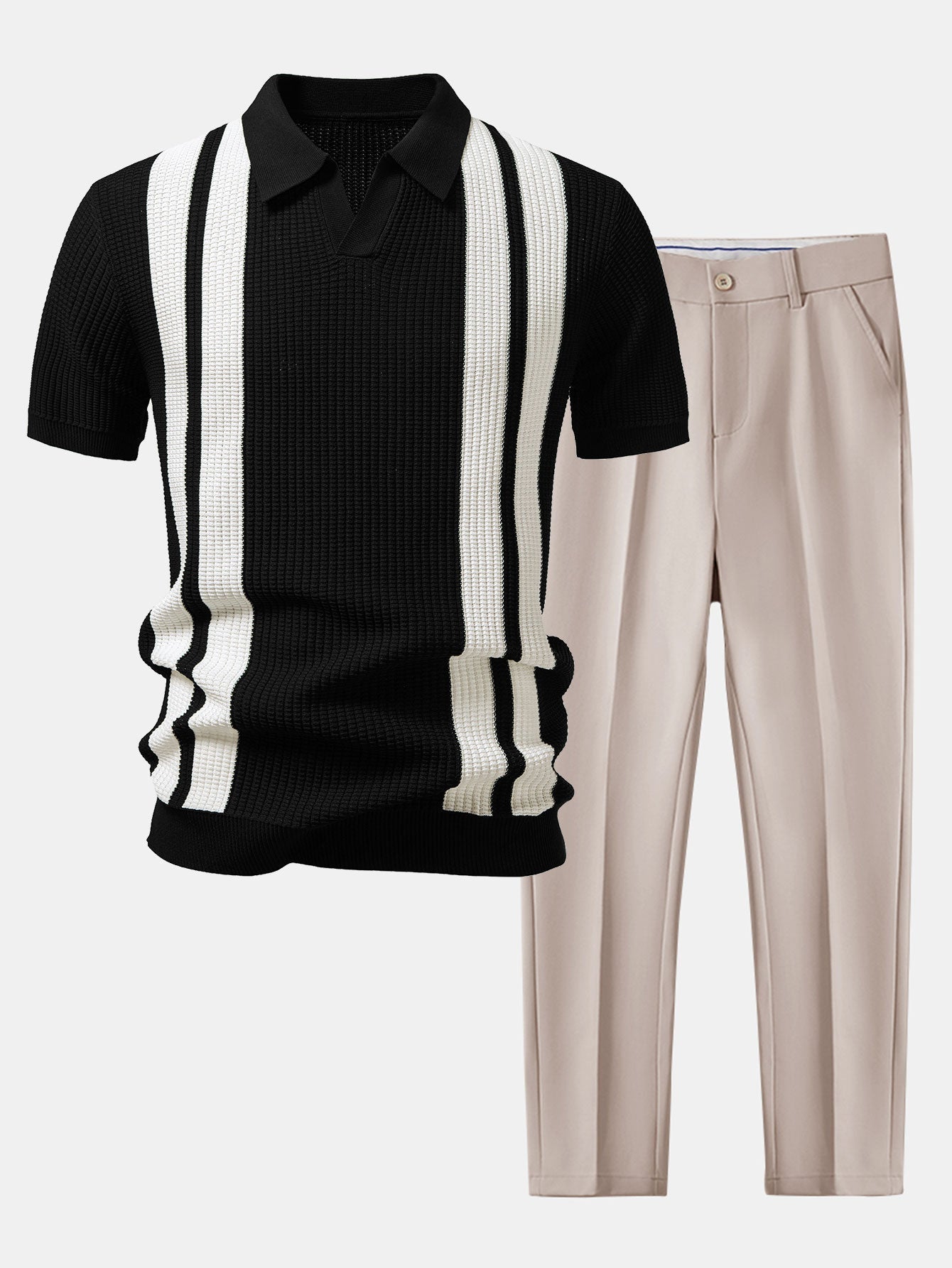 Stripe Johnny Collar Knit Polo & Slim Fit Tapered Trousers