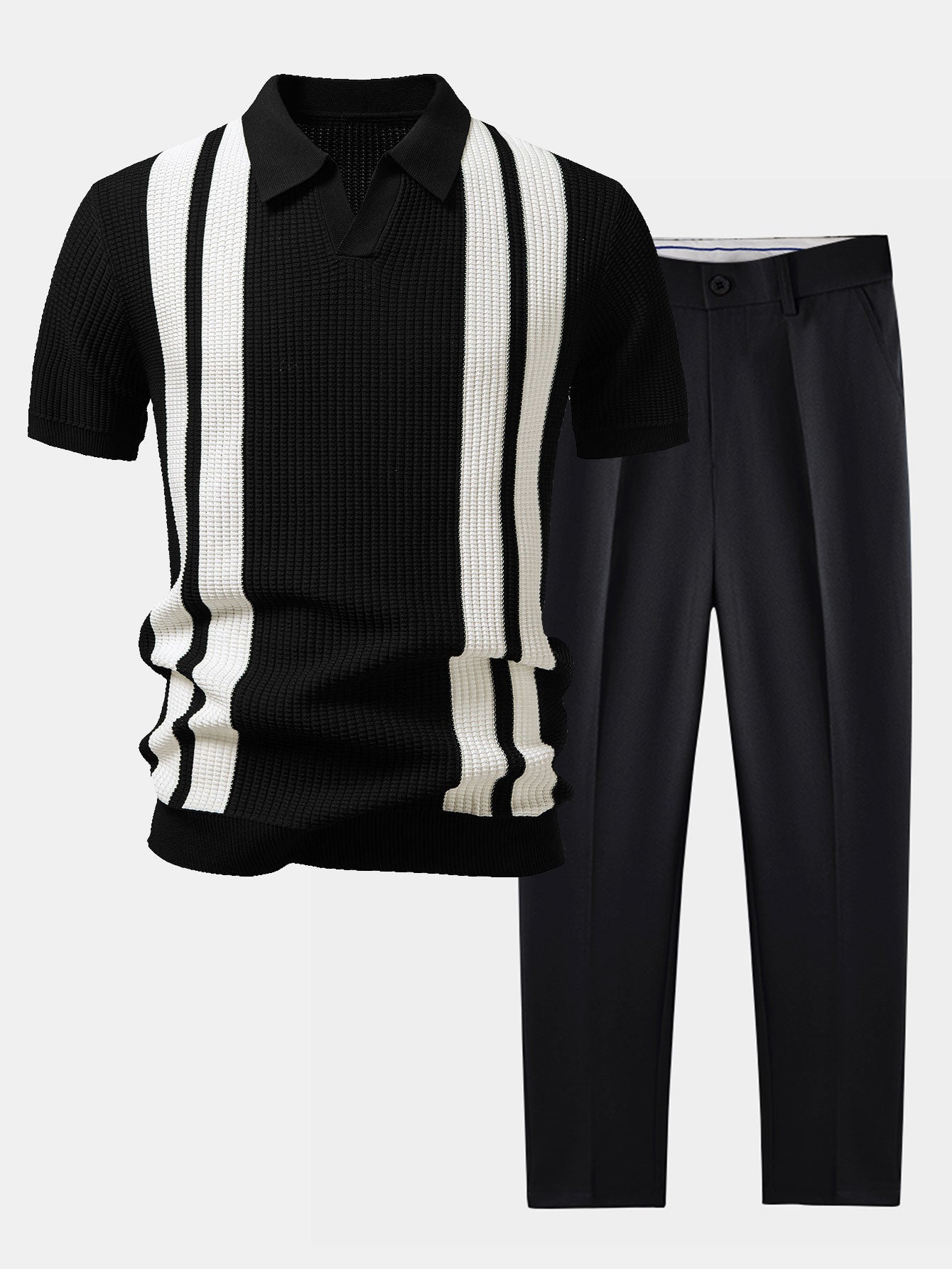 Stripe Johnny Collar Knit Polo & Slim Fit Tapered Trousers