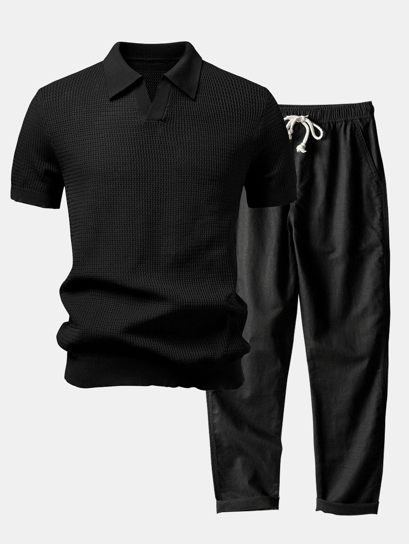 Textured Johnny Collar Crocheted Knit Polo & Straight Leg Linen Pants