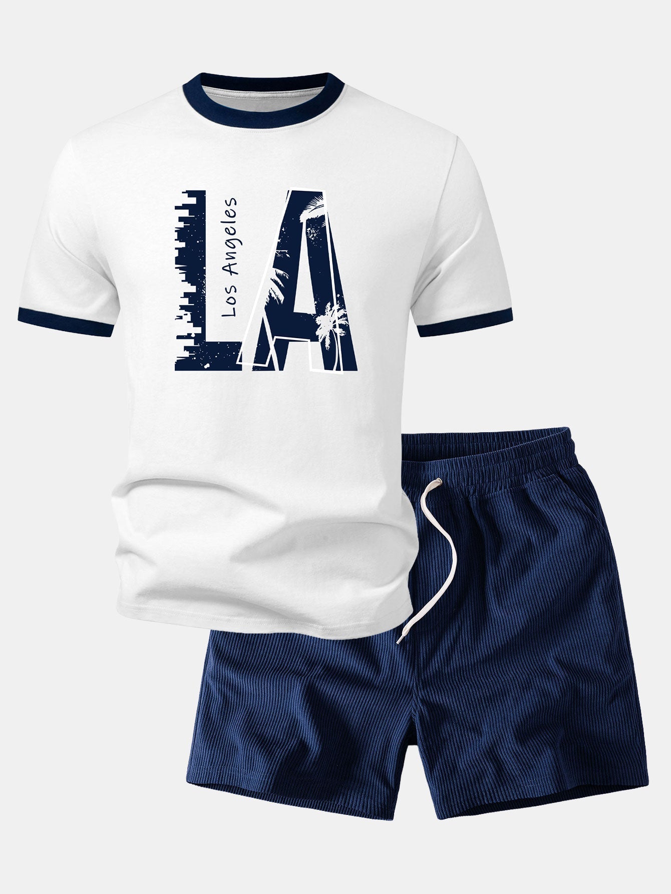 Los Angeles Print Contrast Ringer T-Shirt & 5" Drawstring Corduroy Shorts