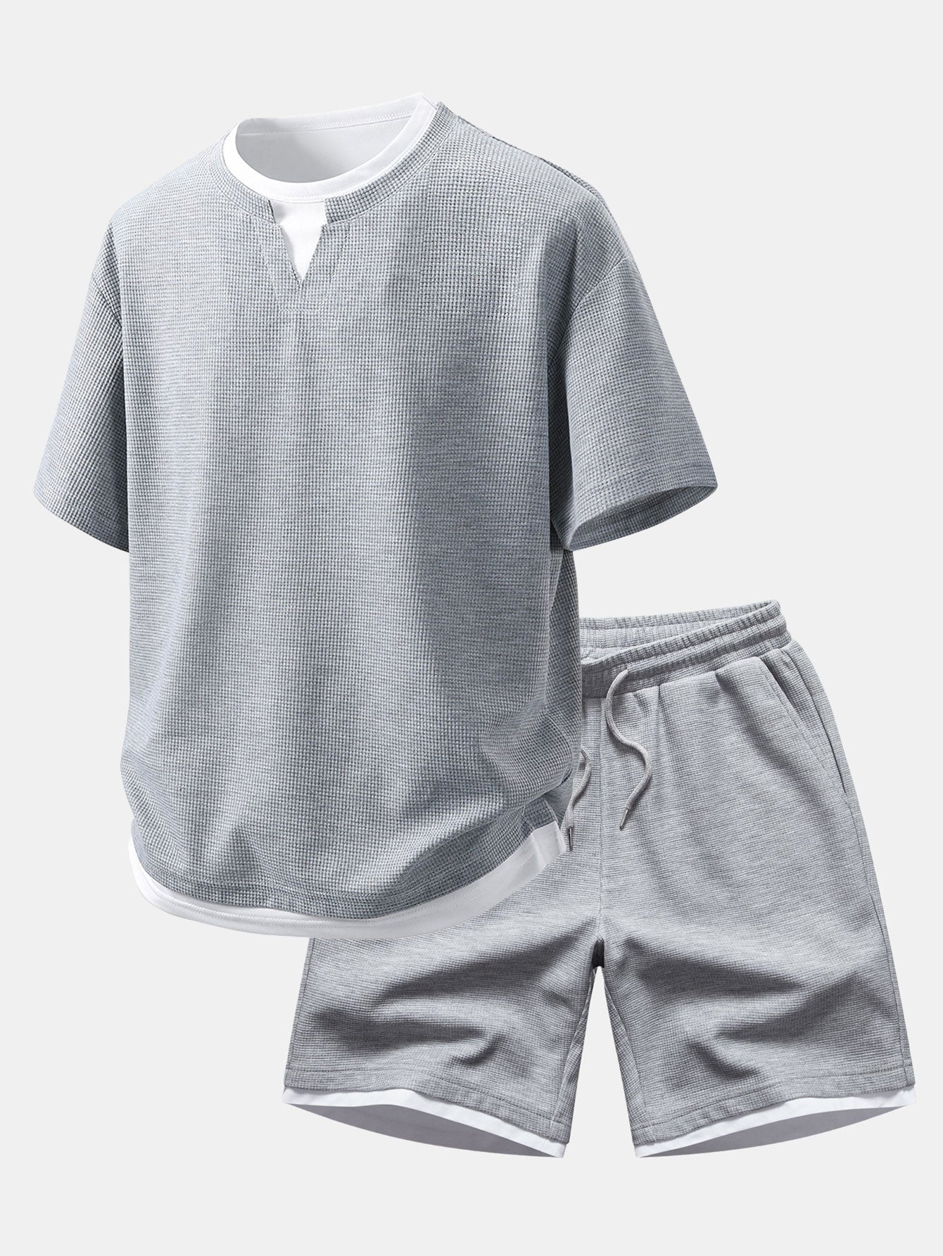 Relax Fit 2 In 1 Notched Collar Waffle T-Shirt & Waffle 7″ Shorts