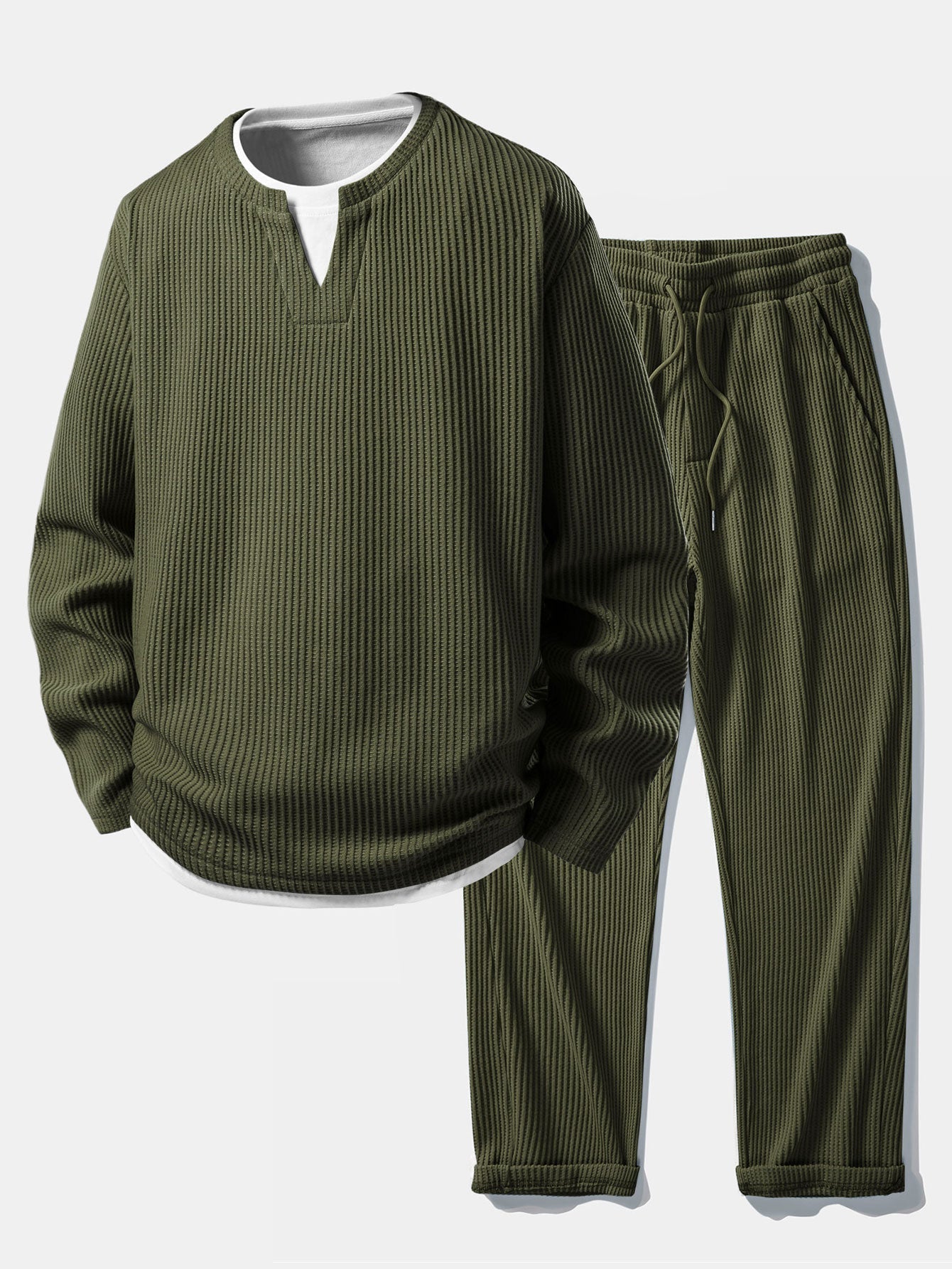 Relax Fit Waffle 2 In 1 Notched Collar T-Shirt & Drawstring Knitted Waffle Pants