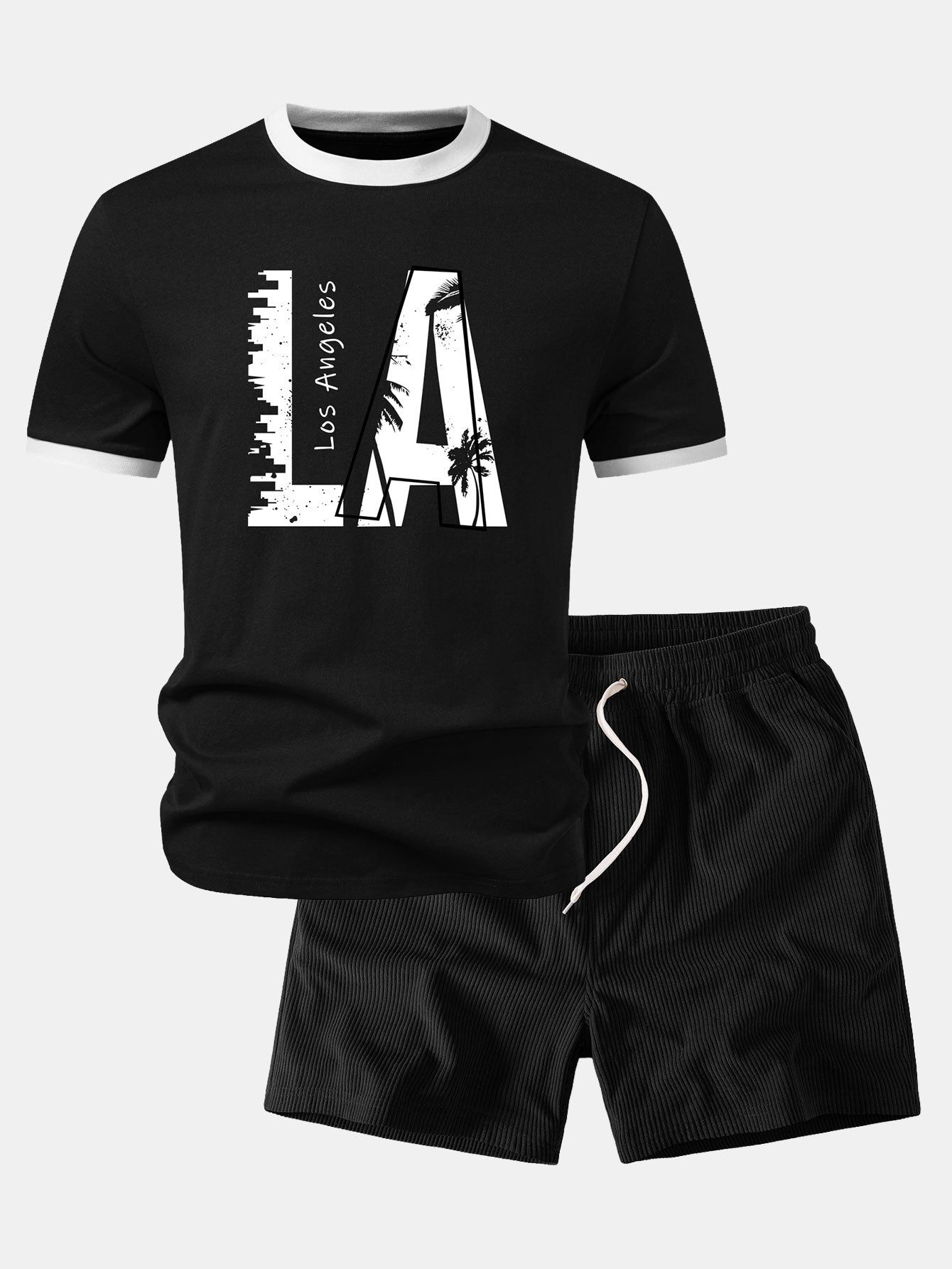 Los Angeles Print Contrast Ringer T-Shirt & 5" Drawstring Corduroy Shorts