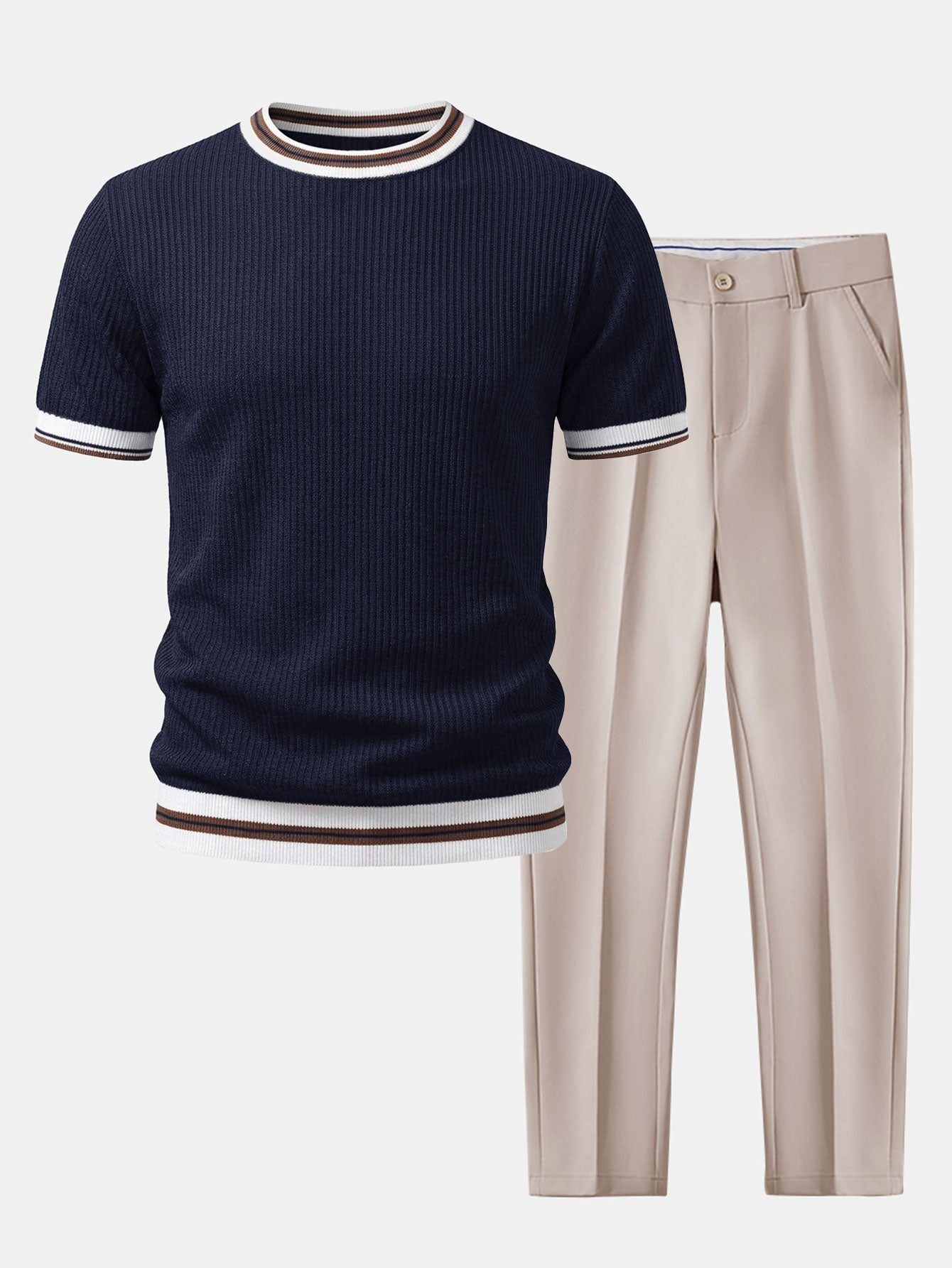 Textured Contrast Crew Neck Knit T-Shirt & Slim Fit Tapered Trousers