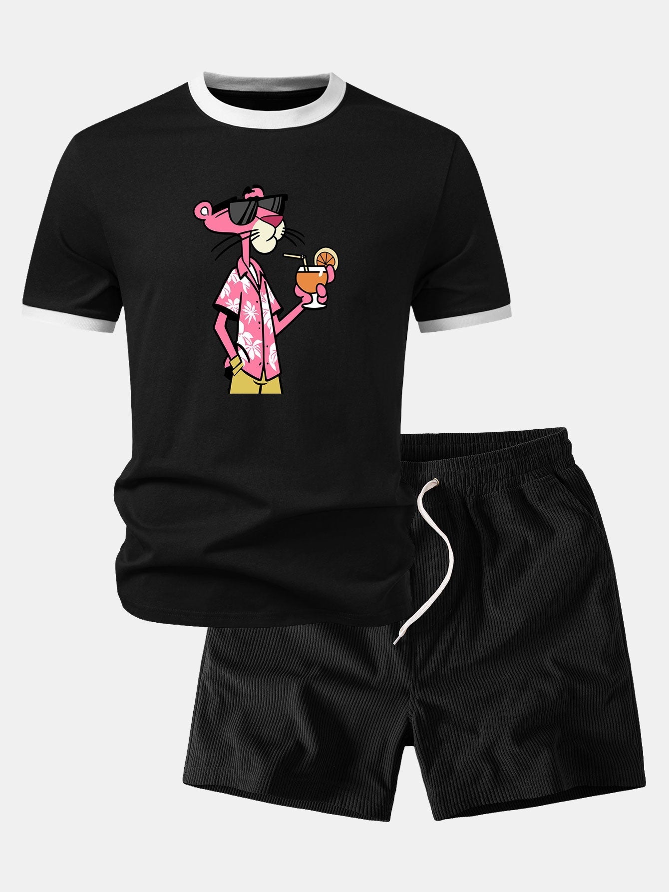 Vacation Pink Panther Print Contrast Ringer T-Shirt & 5" Drawstring Corduroy Shorts