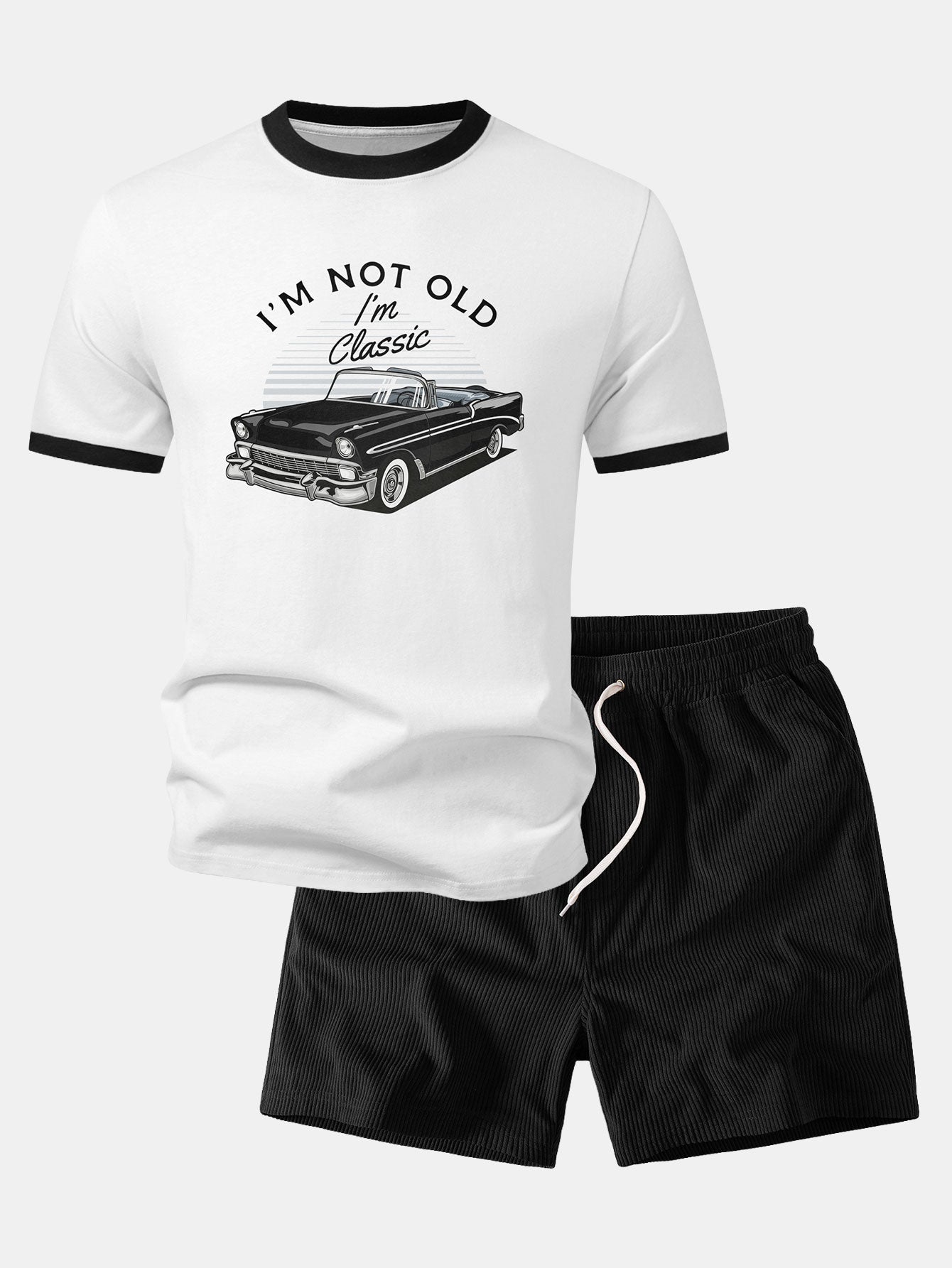 Vintage Car Print Contrast Ringer T-Shirt & 5" Drawstring Corduroy Shorts