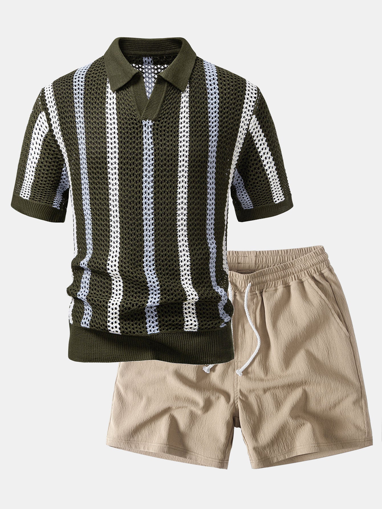 Striped Crochet V Neck Polo & Crinkle Textured Drawstring 5" Shorts