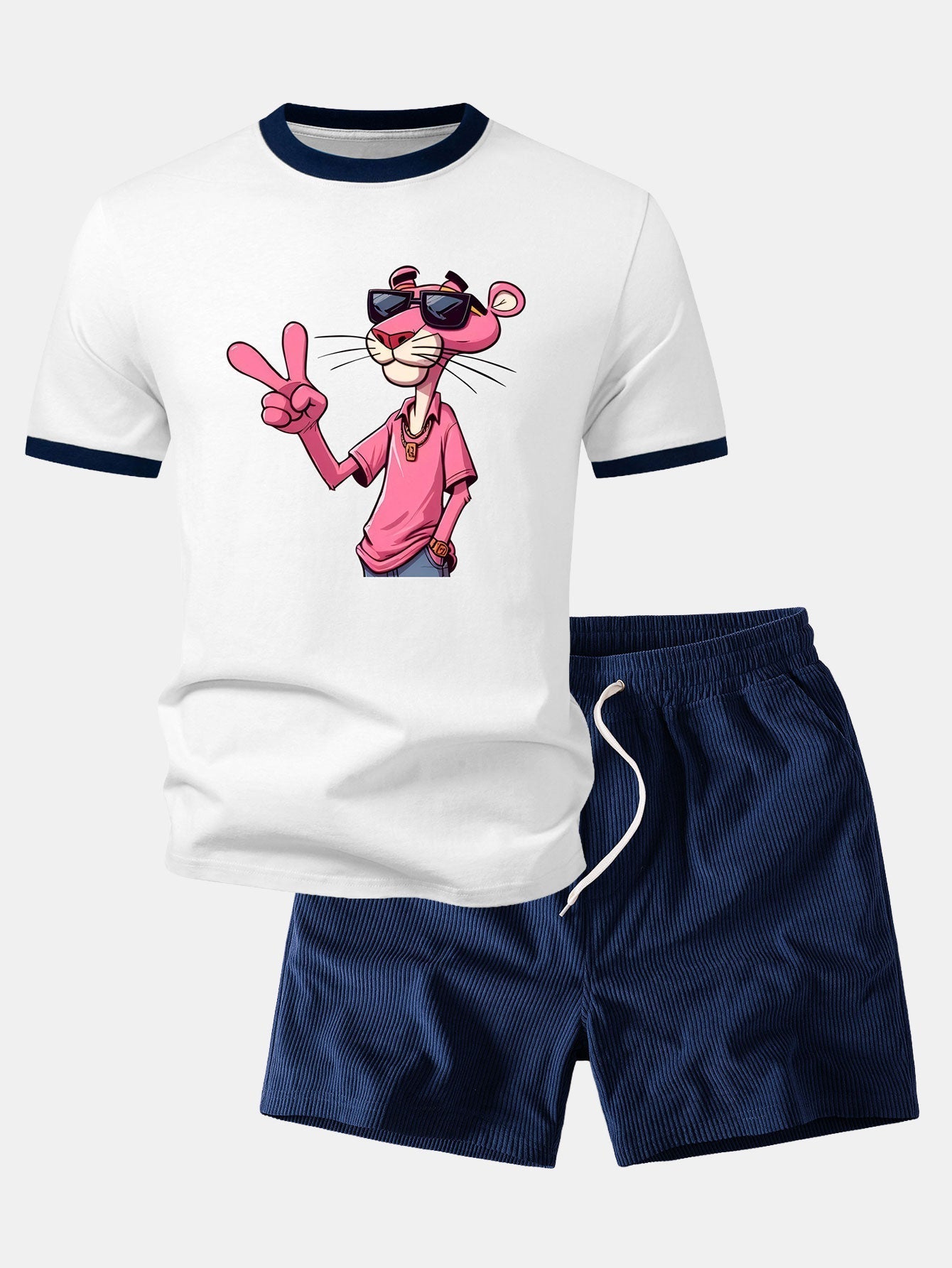 Pink Panther With V Sign Print Contrast Ringer T-Shirt & 5" Drawstring Corduroy Shorts