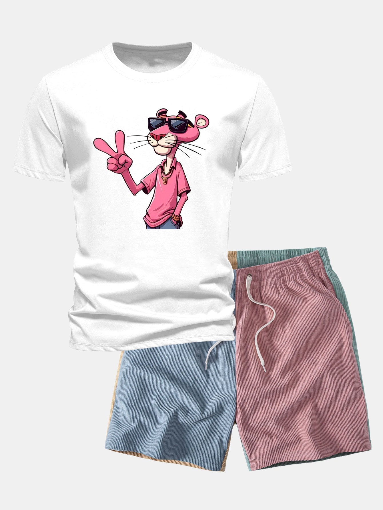 Regular Fit Pink Panther With V Sign Print Cotton T-Shirt & Color Block Drawstring 6" Corduroy Shorts