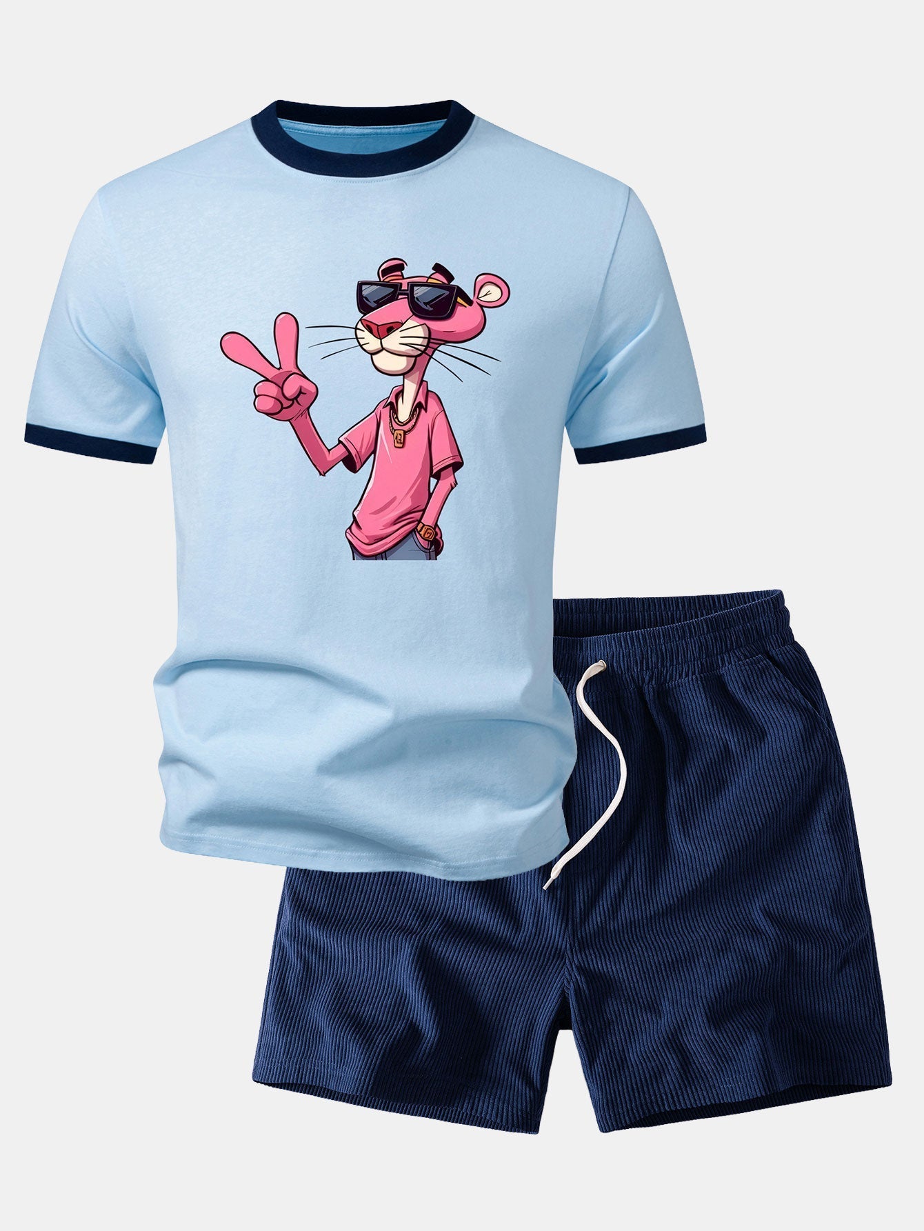 Pink Panther With V Sign Print Contrast Ringer T-Shirt & 5" Drawstring Corduroy Shorts