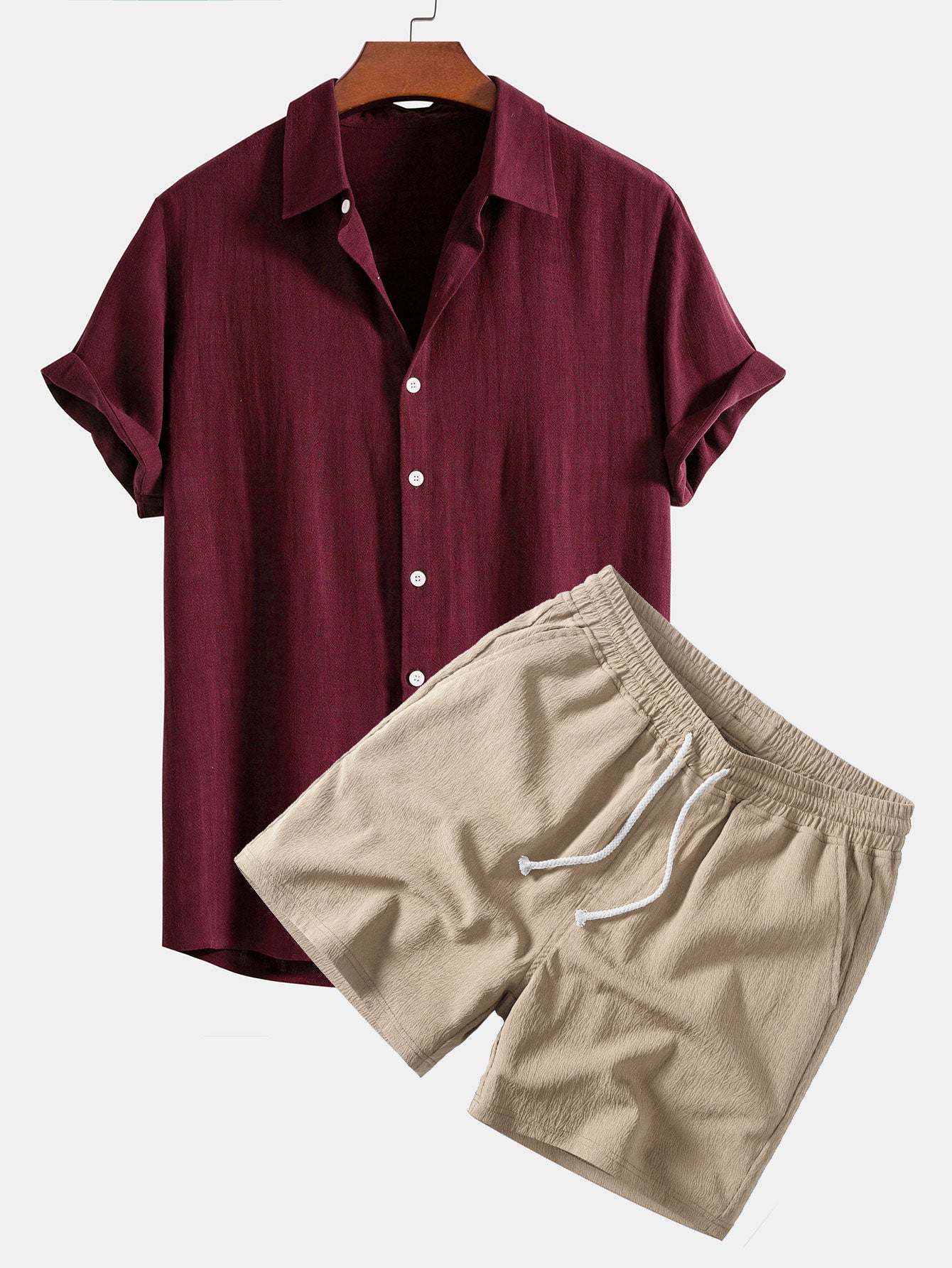 Linen Rayon Blend Button Up Shirt & Crinkle Textured Drawstring 5" Shorts