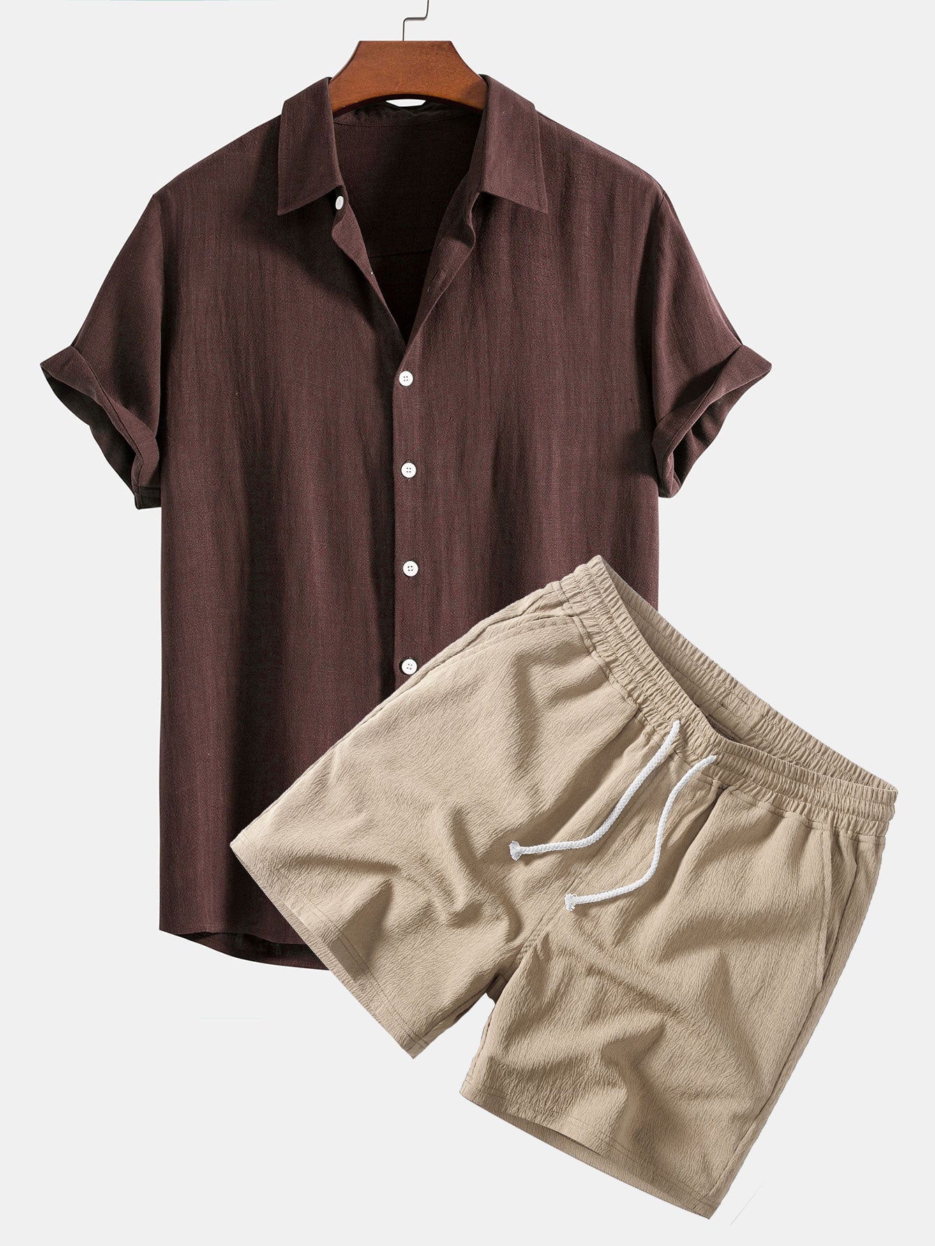 Linen Rayon Blend Button Up Shirt & Crinkle Textured Drawstring 5" Shorts