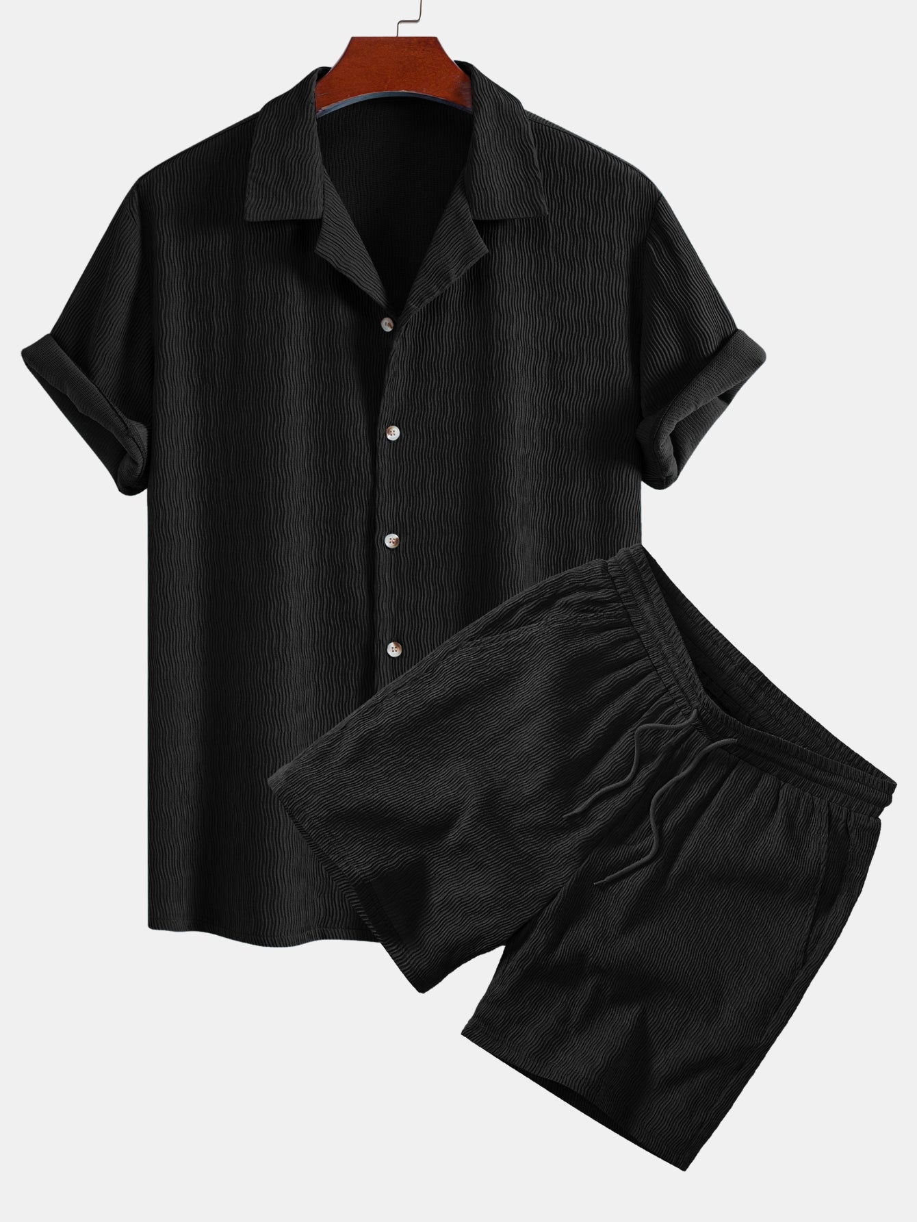 Textured Seersucker Short Sleeve Shirt & Drawstring 6“ Shorts Set