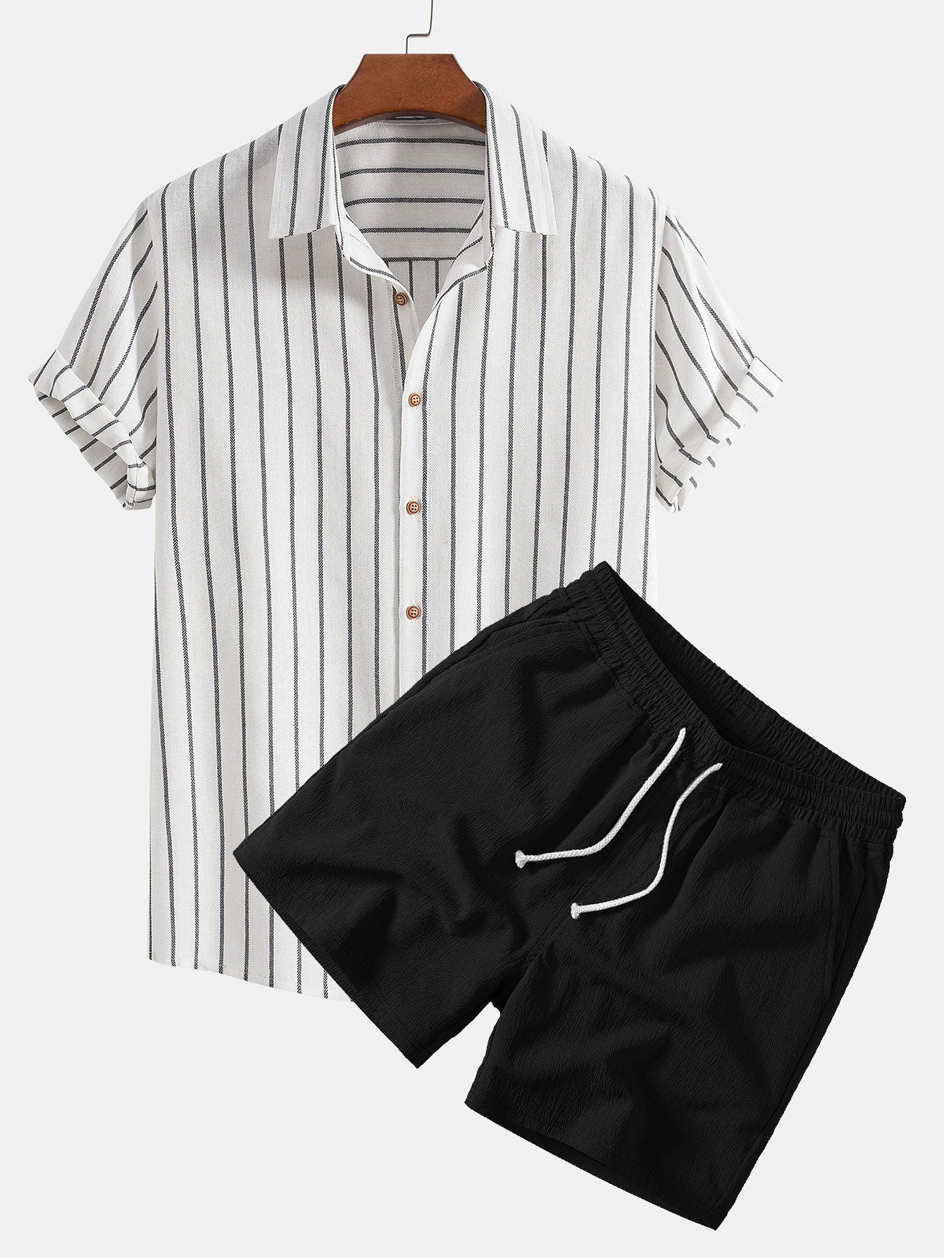 Cotton Blend Striped Button Up Shirt & Crinkle Textured Drawstring 5" Shorts