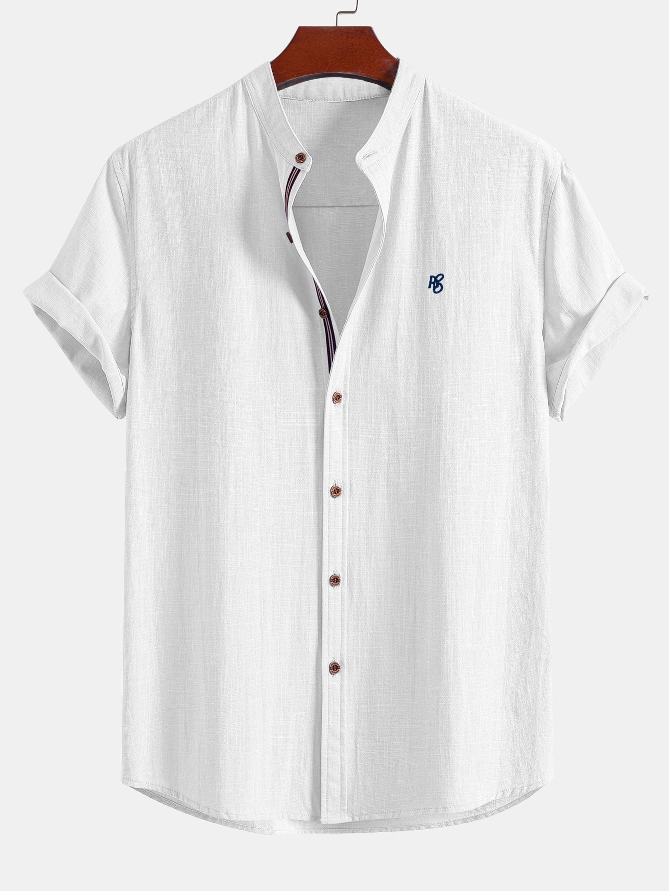 Short Sleeve Linen Look Stand Collar Shirt & Linen Look Stripe Straight Leg Pants